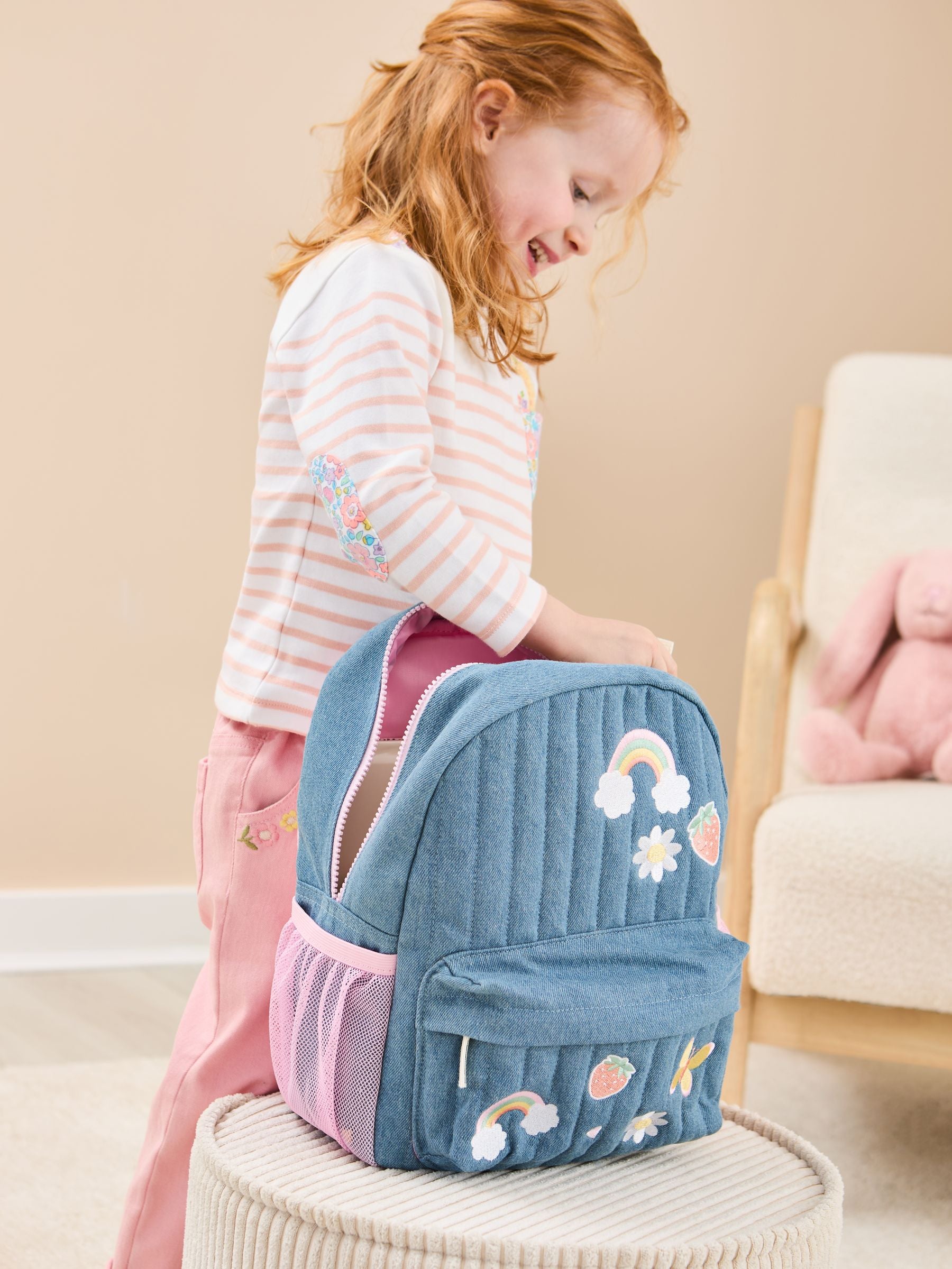 JoJo Maman Bébé quilted denim embroidered medium backpack, imported from the UK