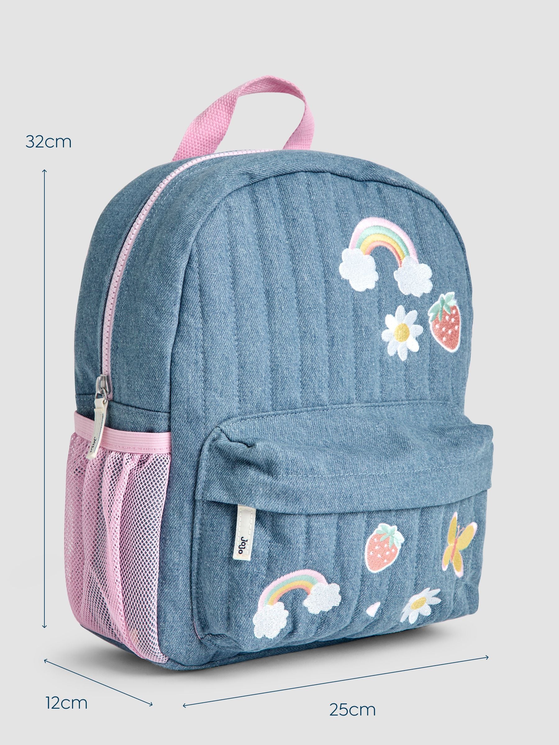 JoJo Maman Bébé quilted denim embroidered medium backpack, imported from the UK
