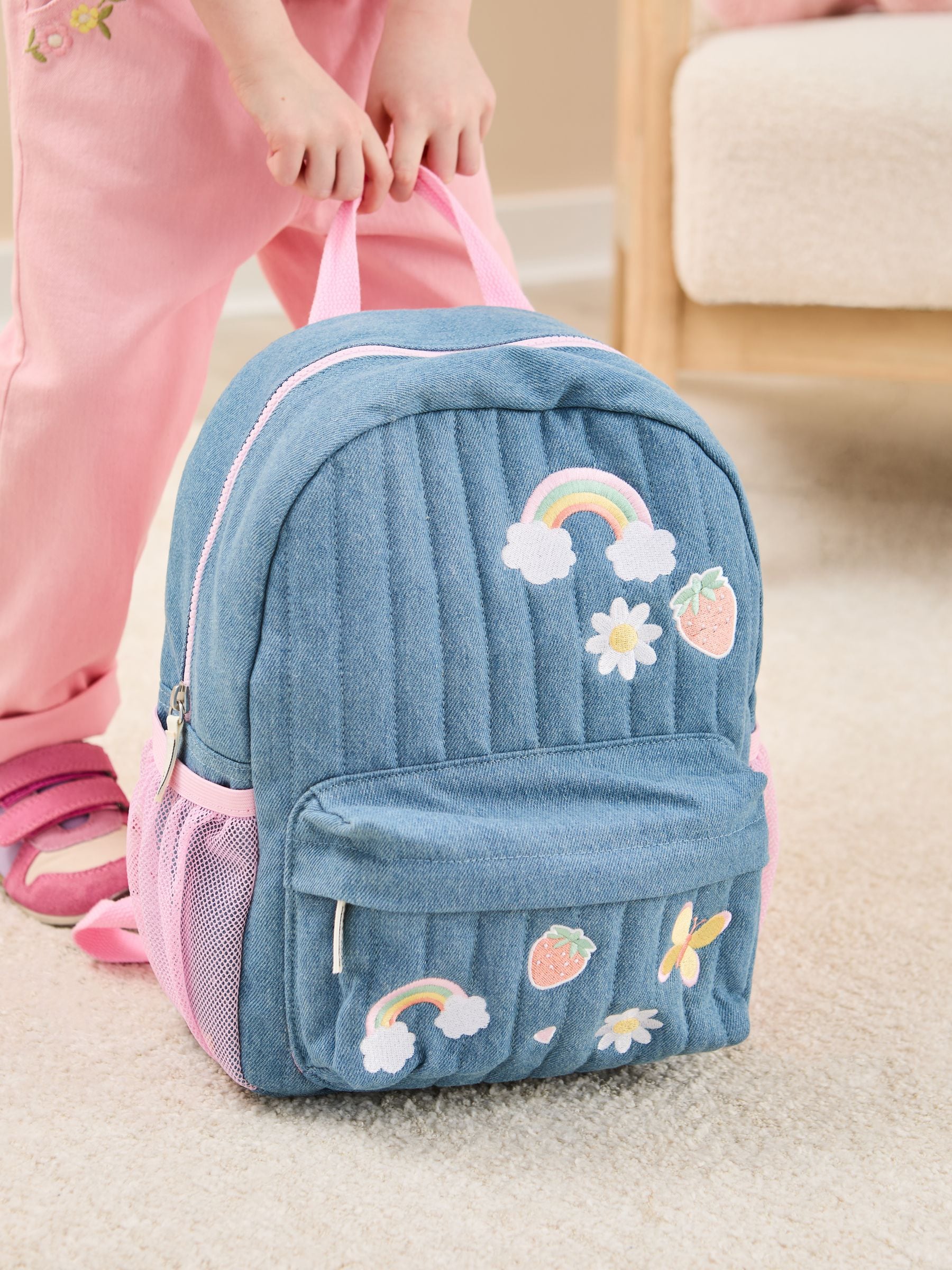 JoJo Maman Bébé quilted denim embroidered medium backpack, imported from the UK
