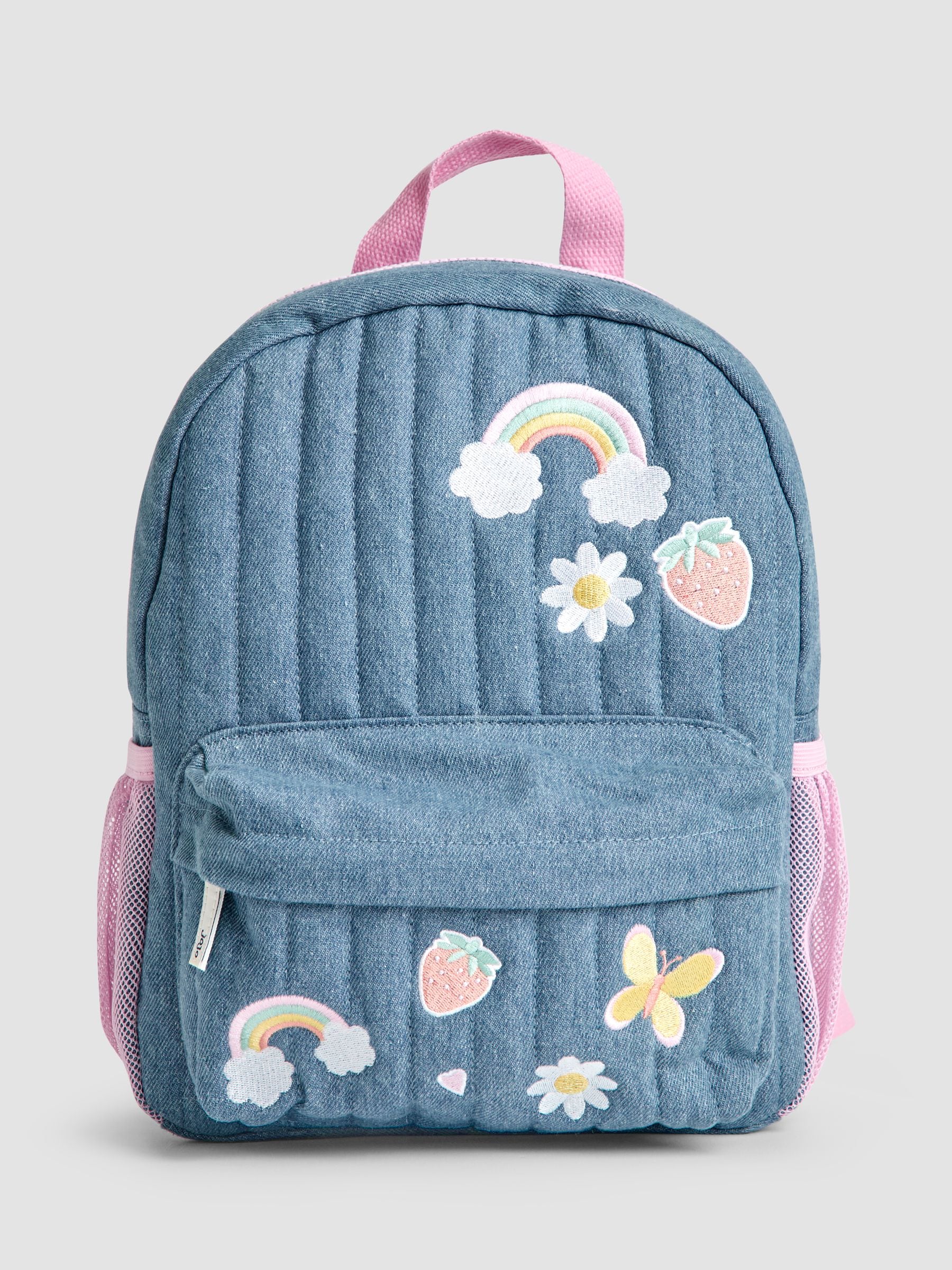JoJo Maman Bébé quilted denim embroidered medium backpack, imported from the UK