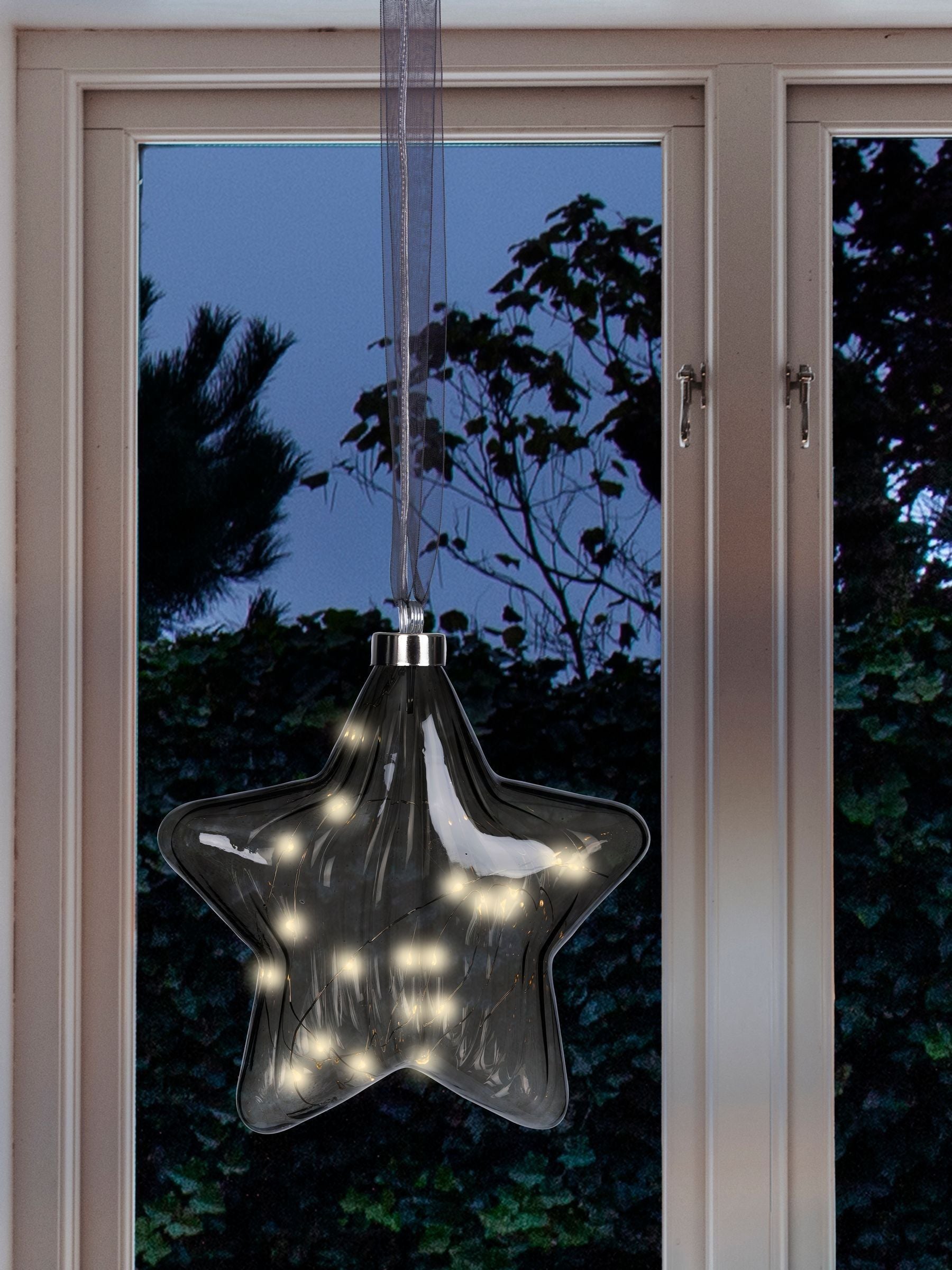 Lumineo pre lit LED hanging star Christmas bauble smoke grey 20cm - British product