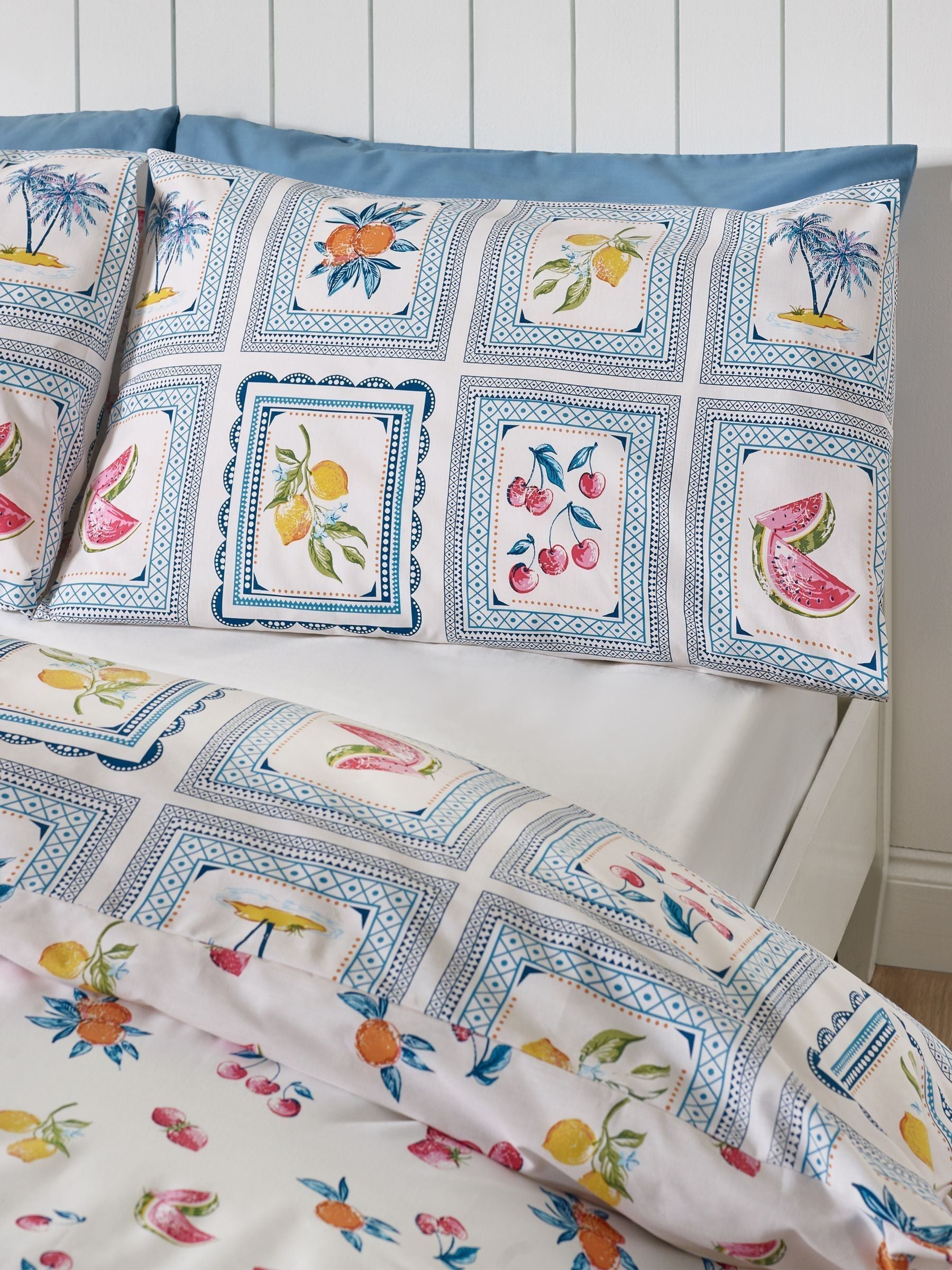 Catherine Lansfield Blue Riviera Tiles Reversible Duvet Cover Set - British product