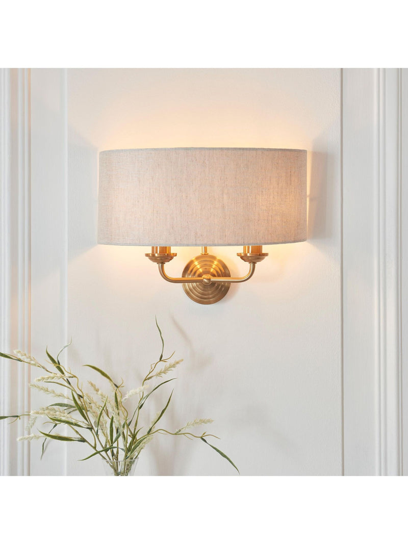 Gallery Home Vintage Brass Highclere Wall Light with linen shade, UK version