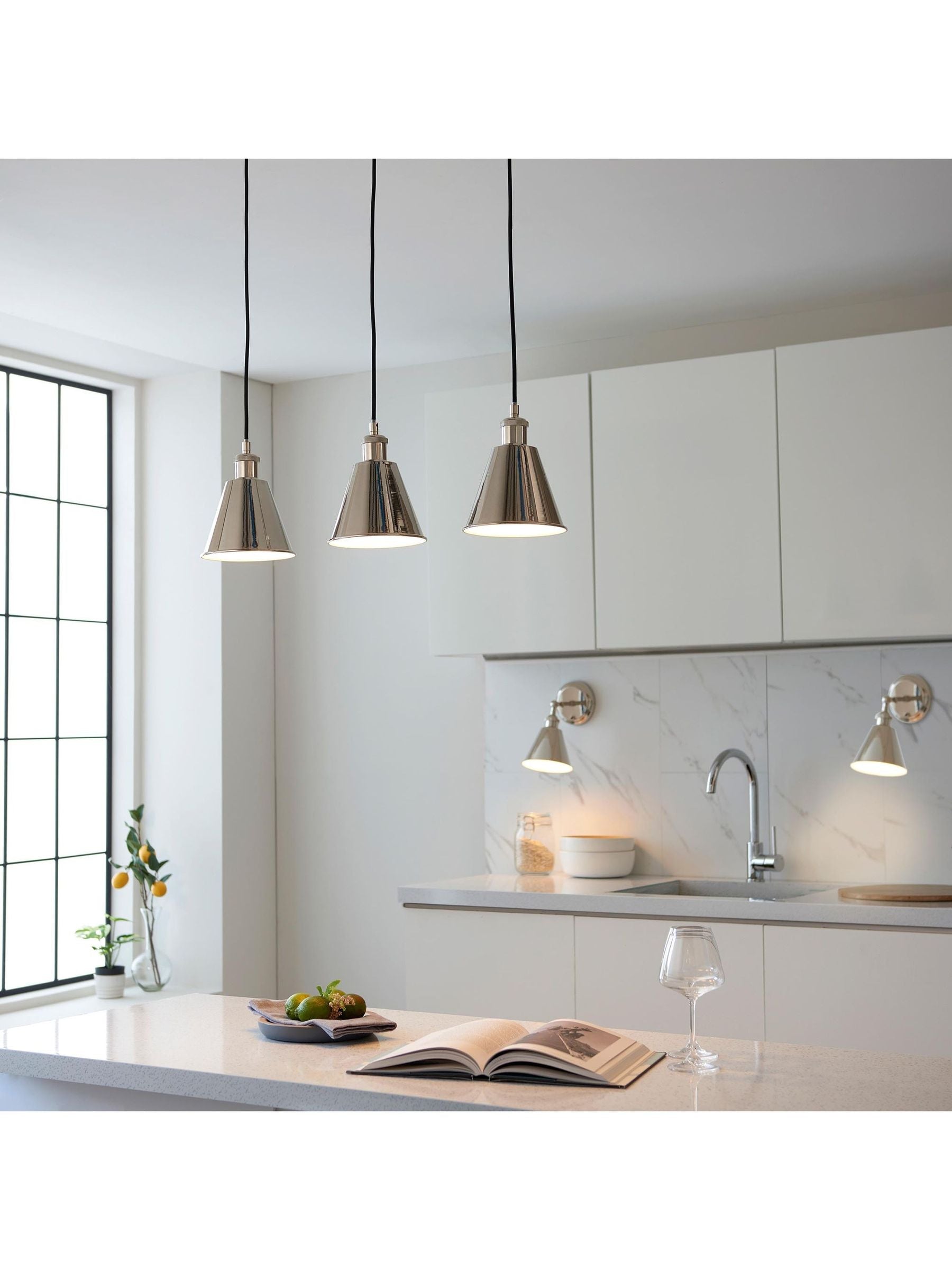Gallery Home bright nickel 3-light linear pendant bar, imported from the UK