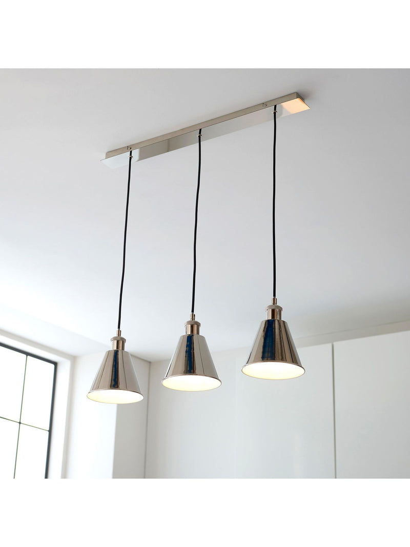 Gallery Home bright nickel 3-light linear pendant bar, imported from the UK