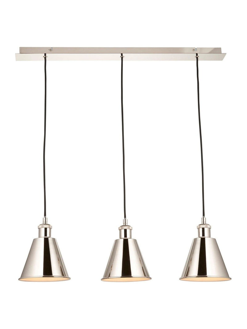 Gallery Home bright nickel 3-light linear pendant bar, imported from the UK