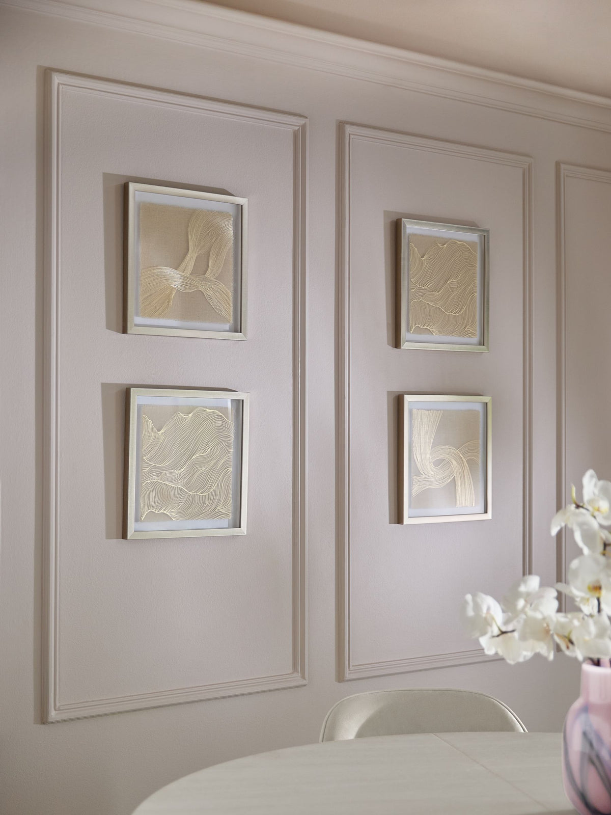 Gold linear swirl framed fabric wall art set of 4 30x30cm (British brand)