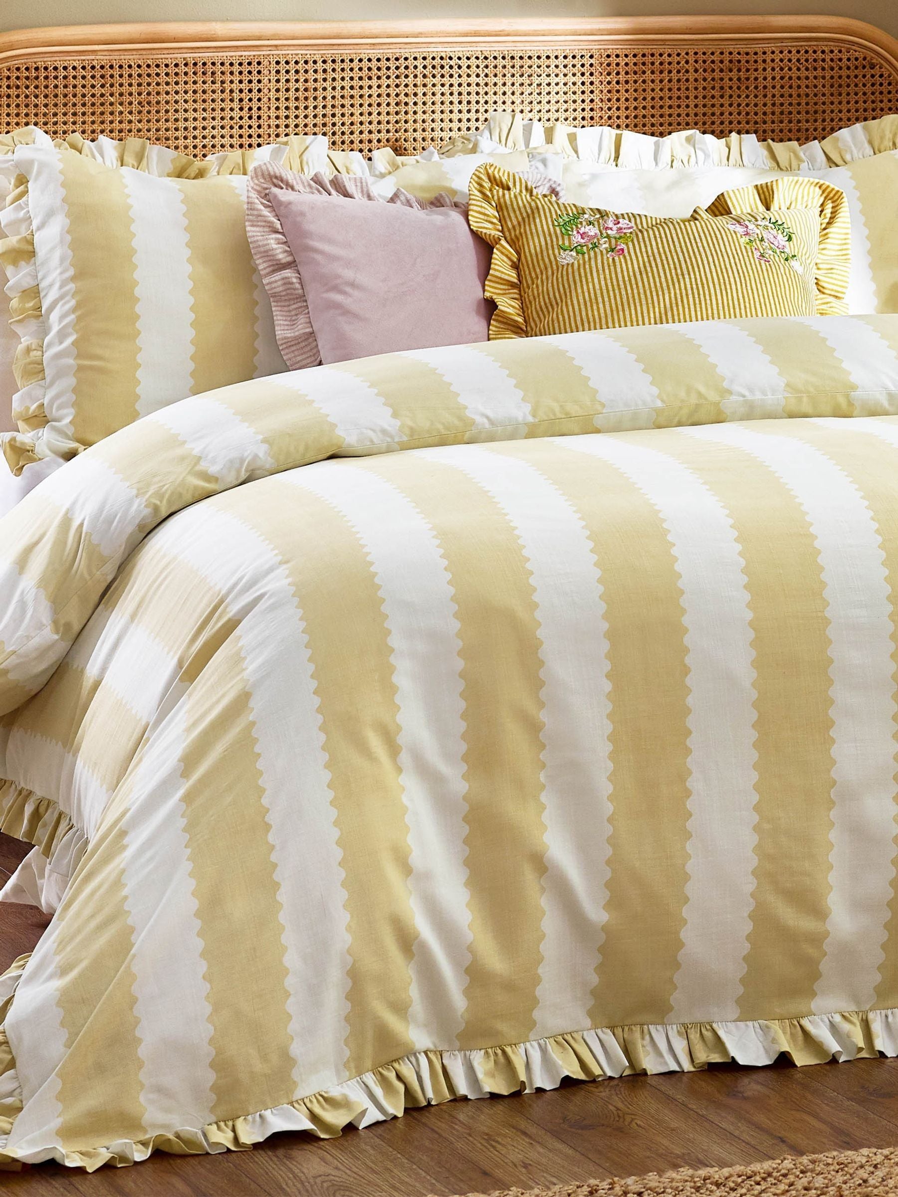 Wylder Butter Yellow Birdie Stripe Ruffle Duvet Cover Set (British brand)