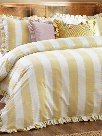 Next Wylder Butter Yellow Birdie Stripe Ruffle Duvet Cover and Pillowcase Set- Buy online at McGrocer