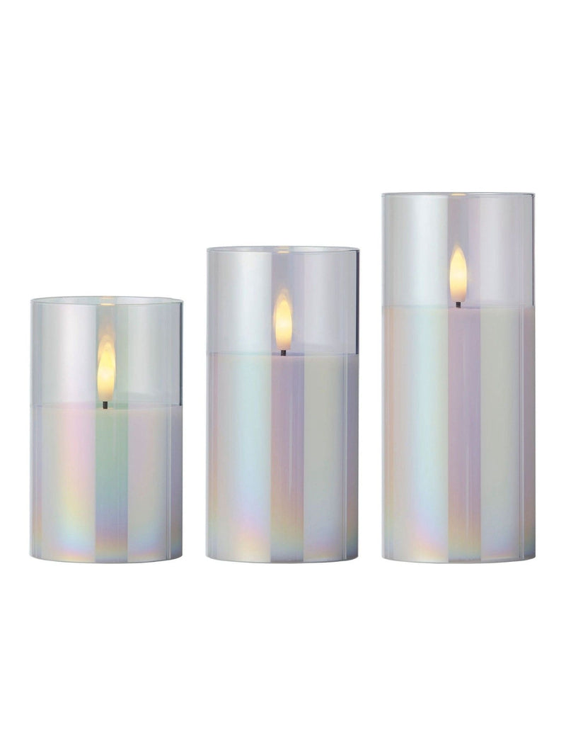 Lumineo blue iridescent glass LED candle set of 3, 17.5cm tall, UK version