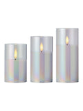 Lumineo blue iridescent glass LED candle set of 3, 17.5cm tall, UK version
