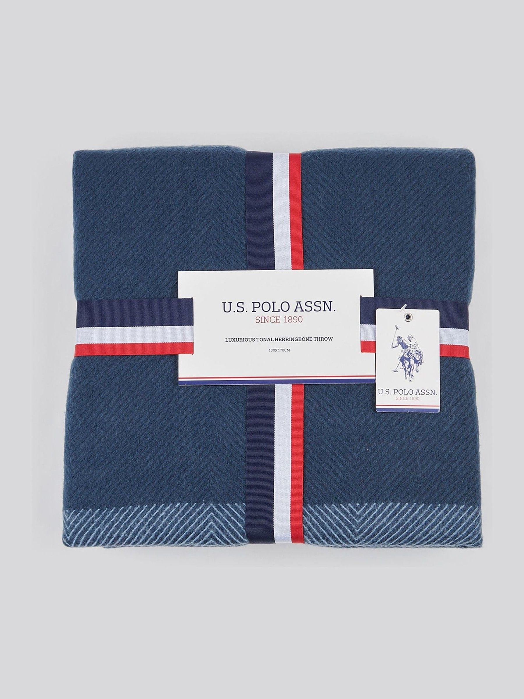 U.S. Polo Assn. Navy Iris herringbone throw 130x170cm, imported from the UK