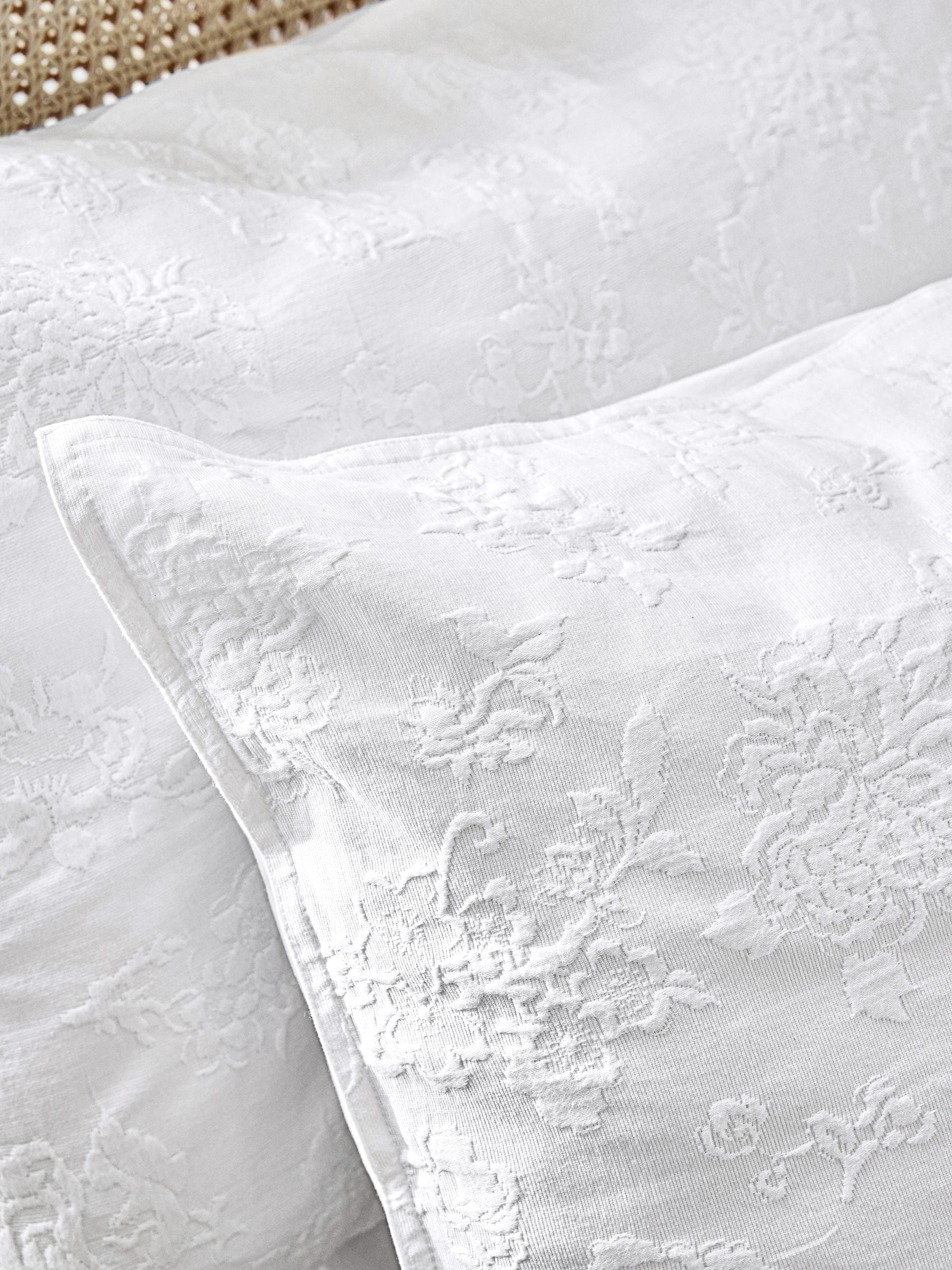 Shabby Chic white floral matelasse pillowcases, imported from the UK