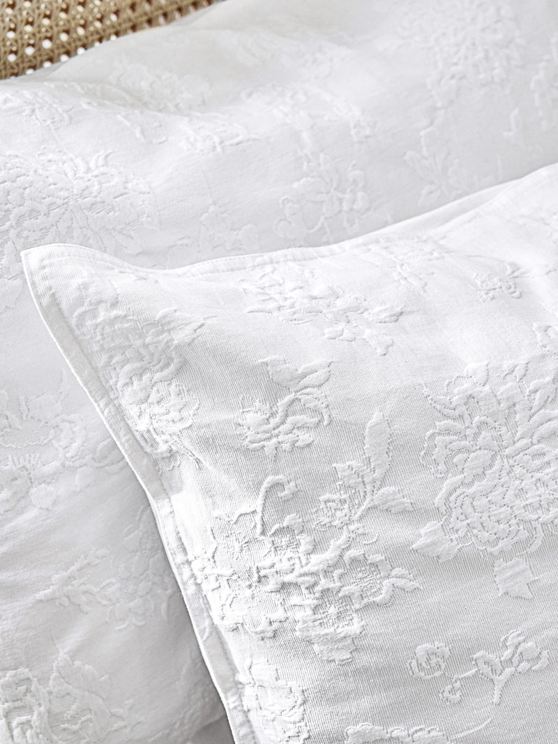 Shabby Chic white floral matelasse pillowcases, imported from the UK