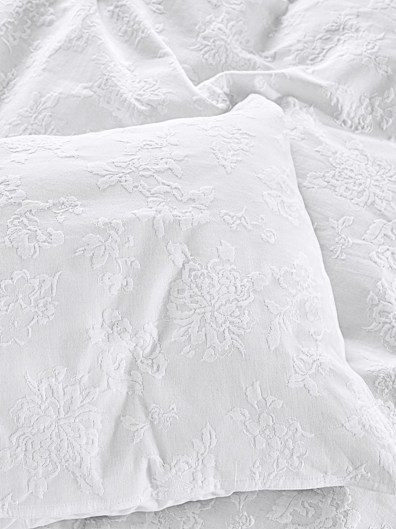 Shabby Chic white floral matelasse pillowcases, imported from the UK