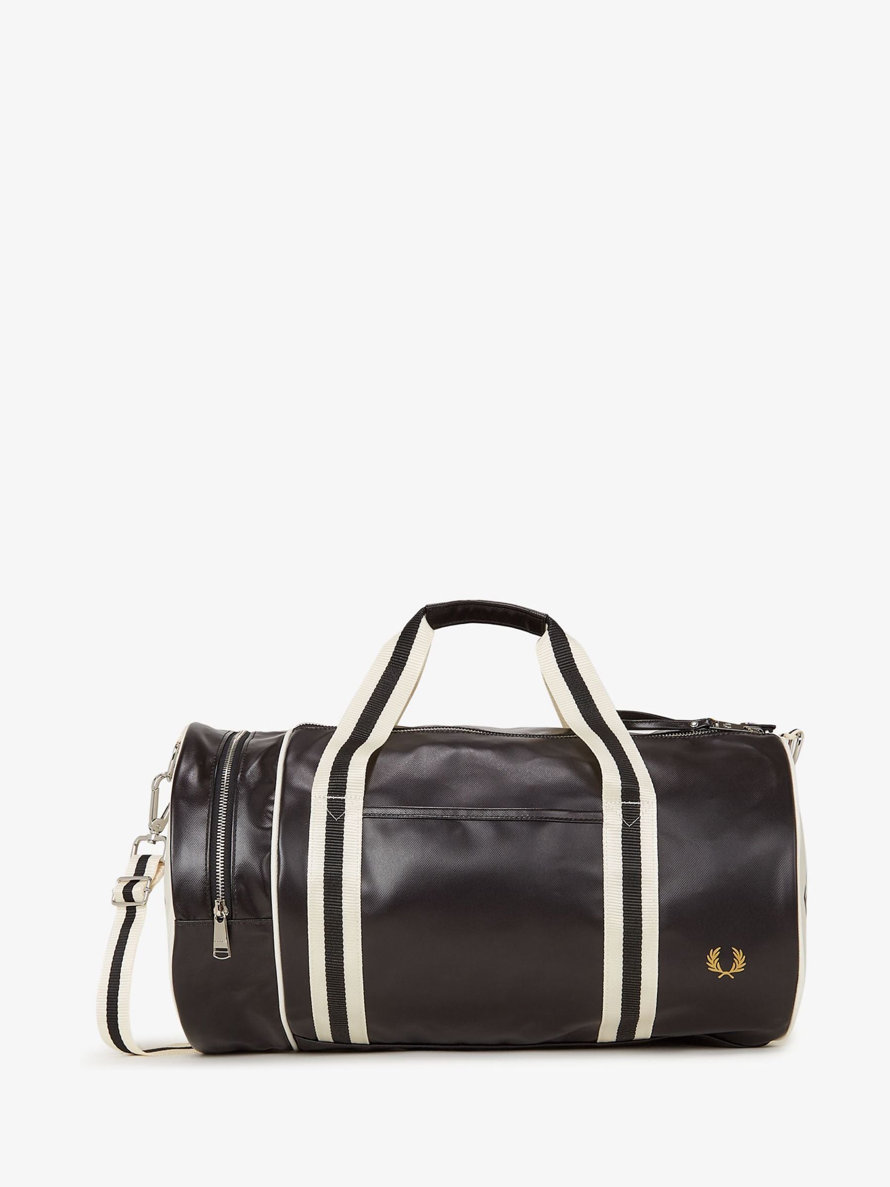 Fred Perry black classic barrel bag, imported from the UK