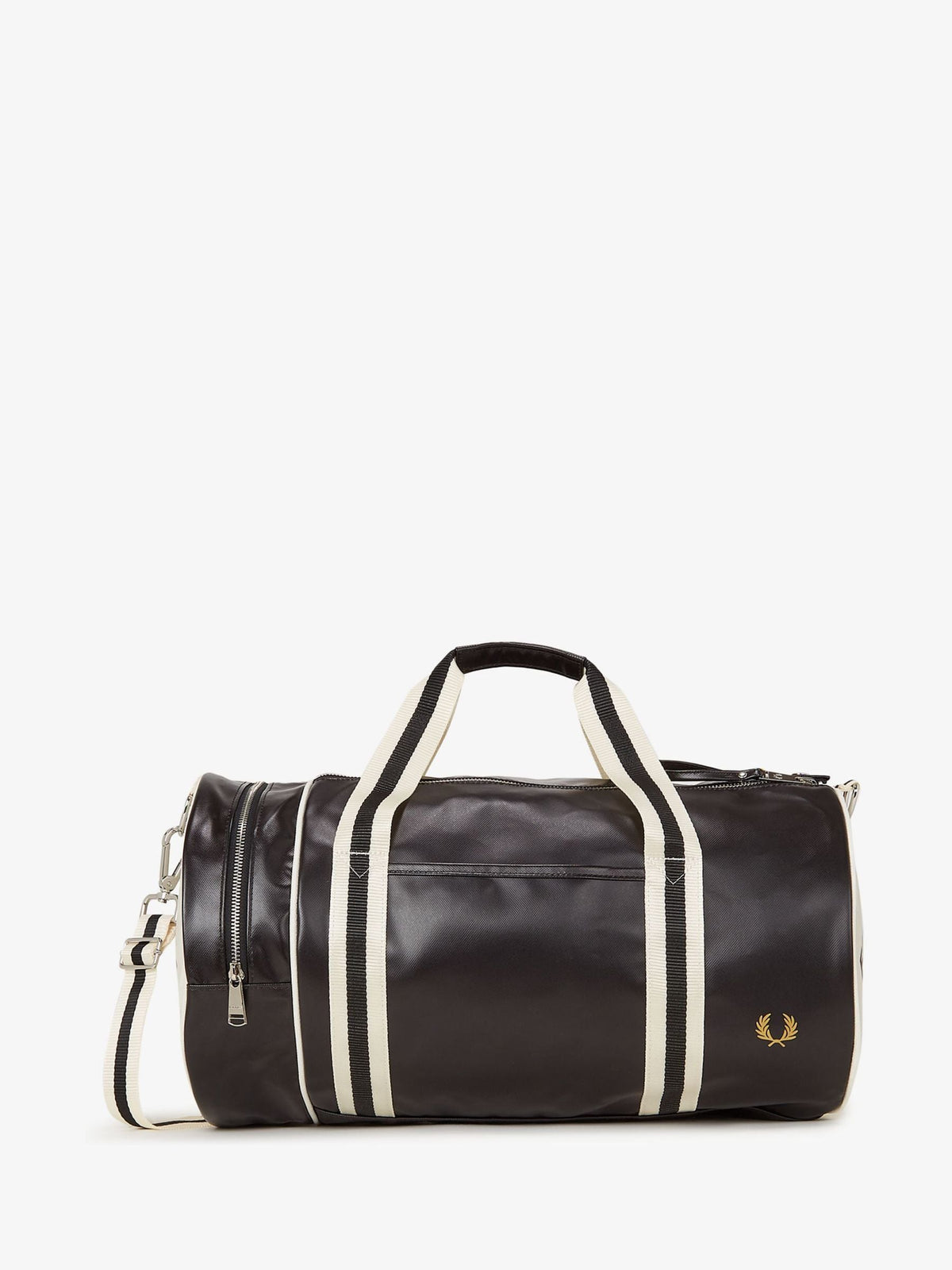Fred Perry black classic barrel bag, imported from the UK