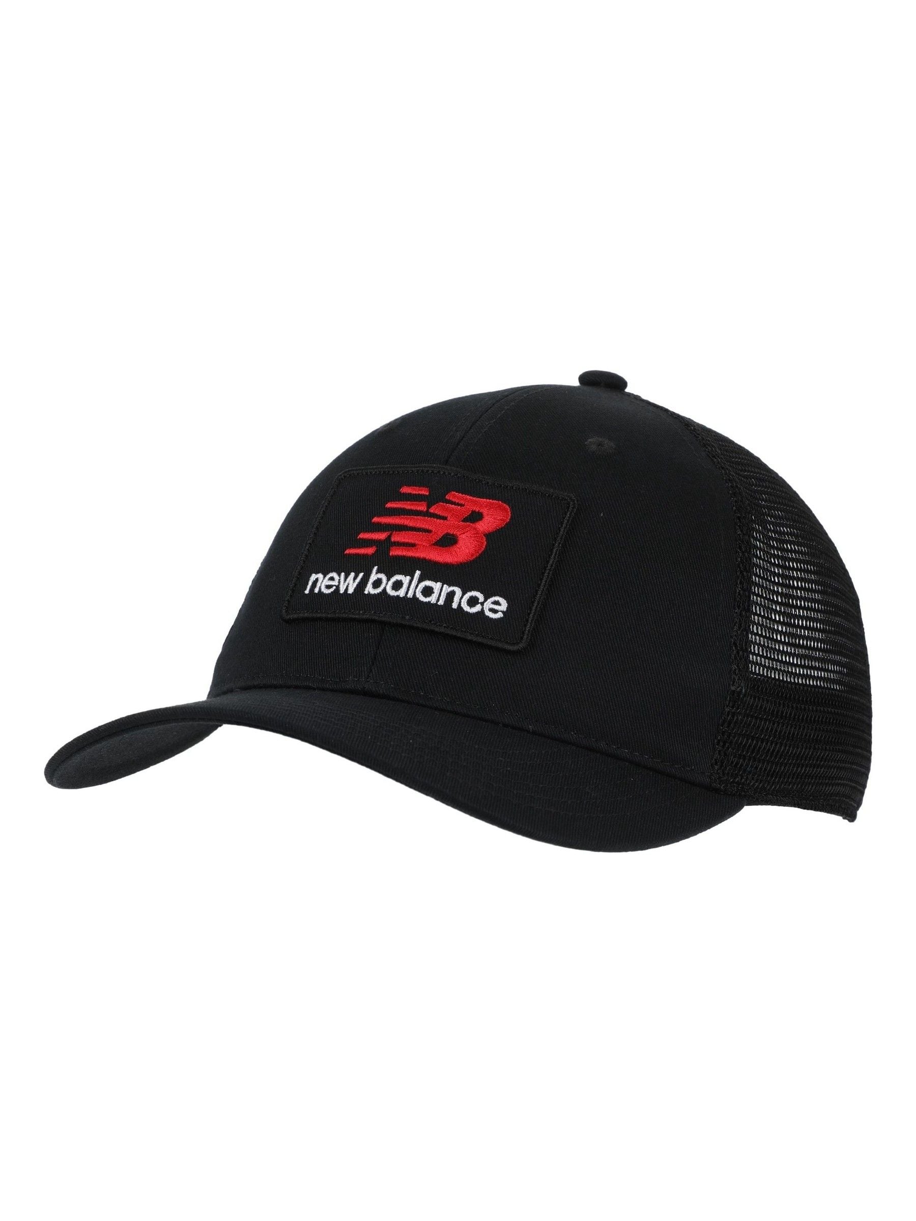 New Balance black stacked patch logo trucker hat, UK version