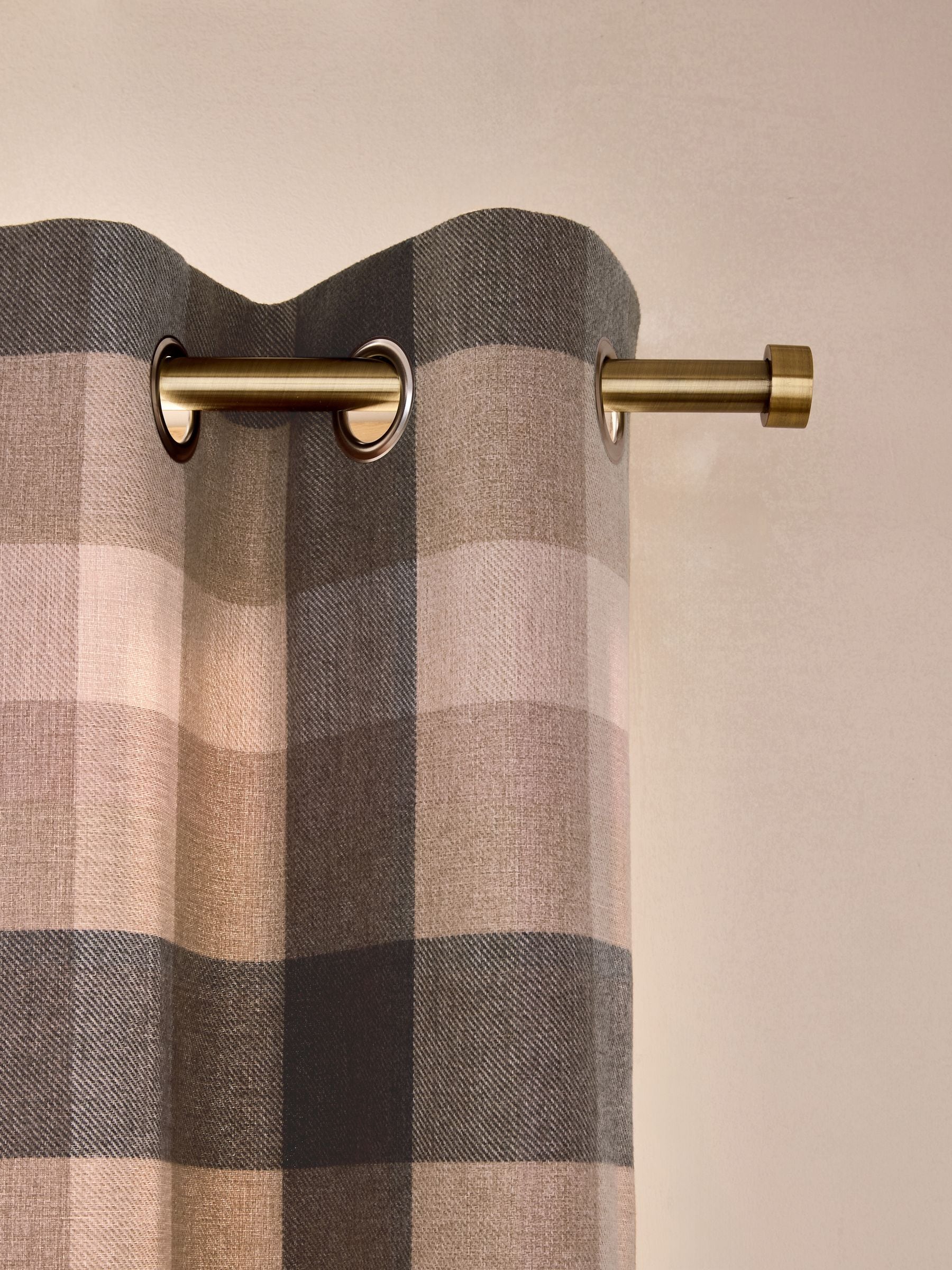 Natural brushed check lined eyelet curtains, imported from the UK