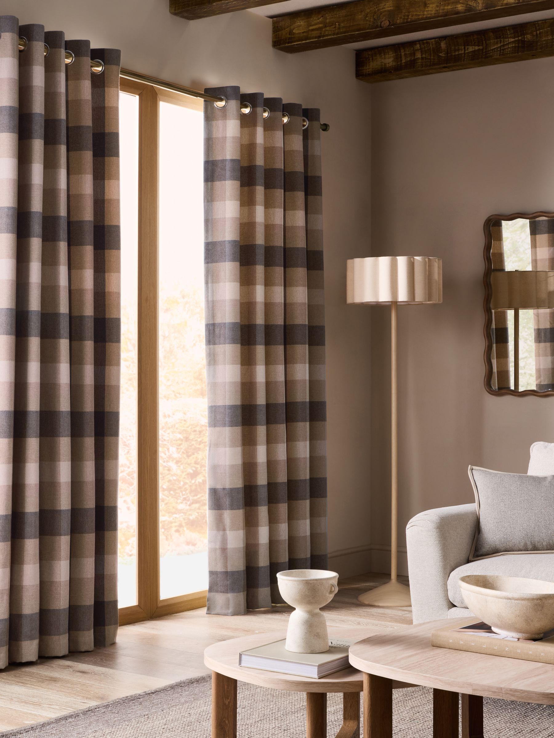 Natural brushed check lined eyelet curtains, imported from the UK
