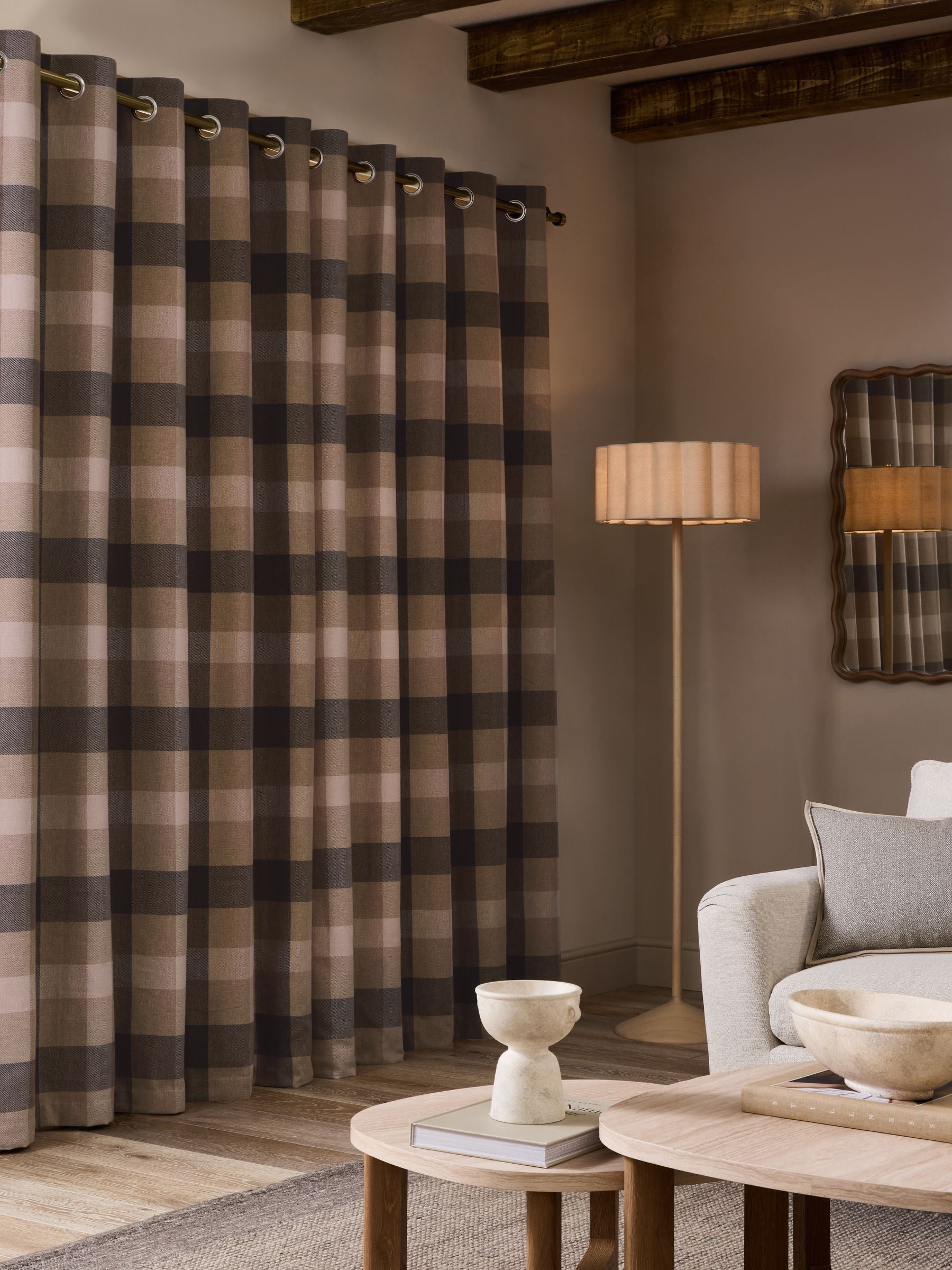 Natural brushed check lined eyelet curtains, imported from the UK