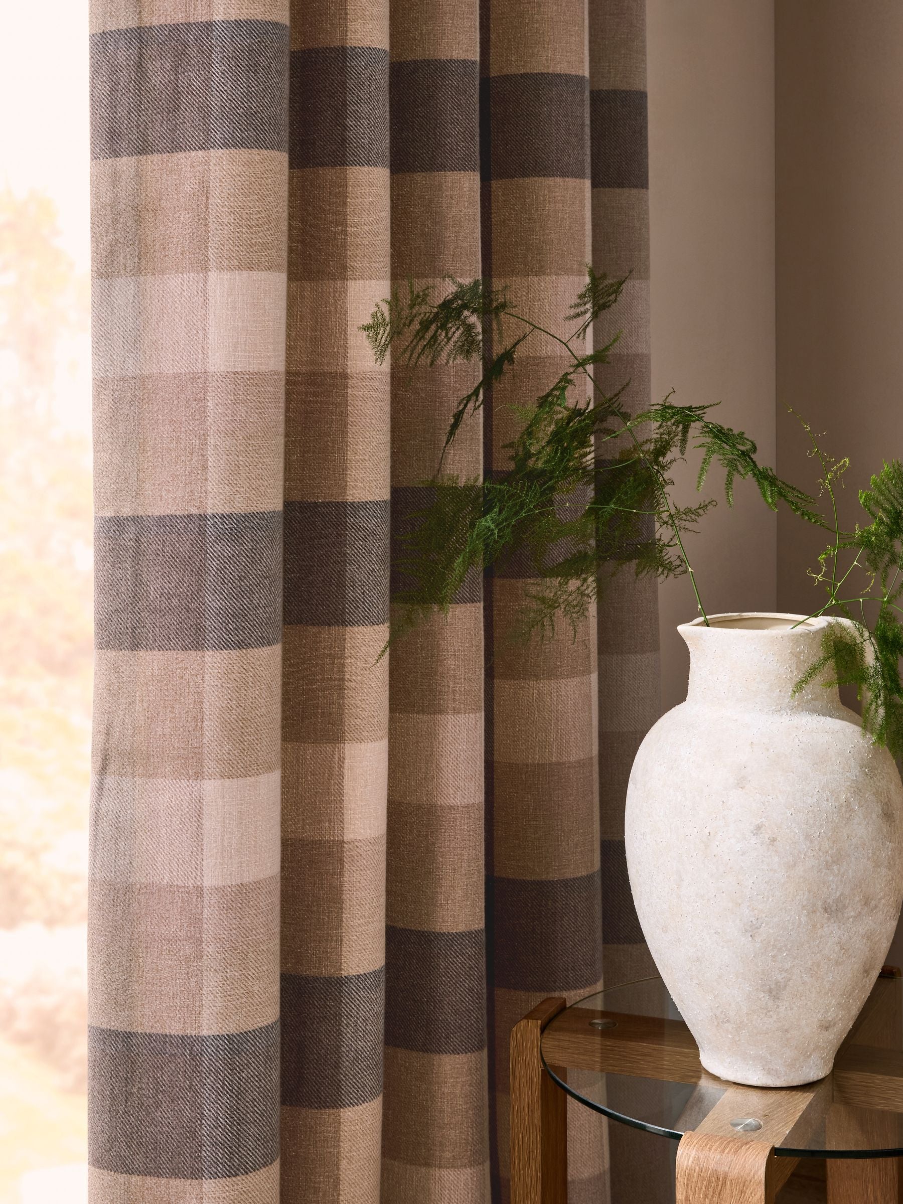 Natural brushed check lined eyelet curtains, imported from the UK