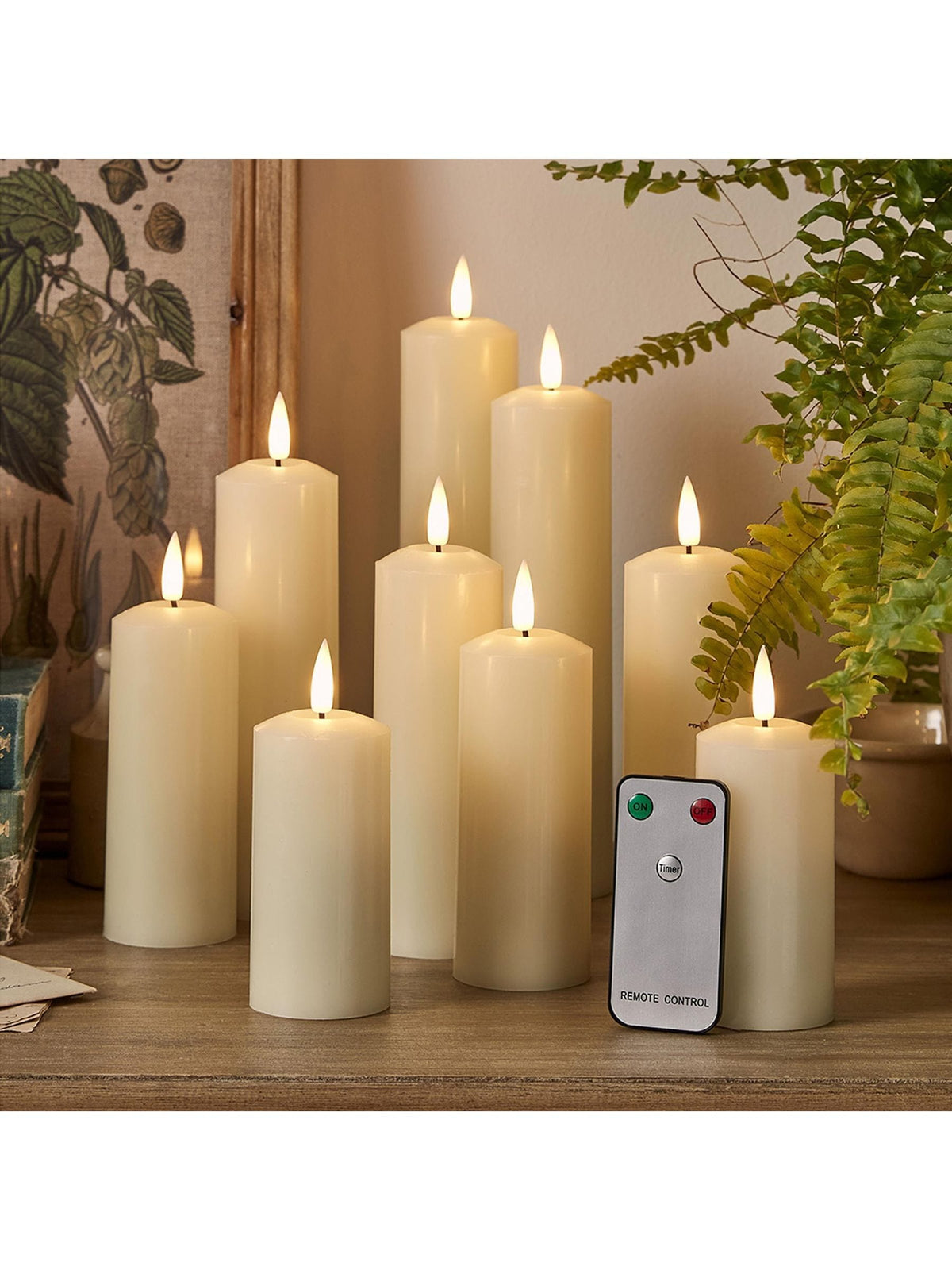 Lights4fun Natural TruGlow LED slim candles, 9 pieces, 22.5cm height, UK version