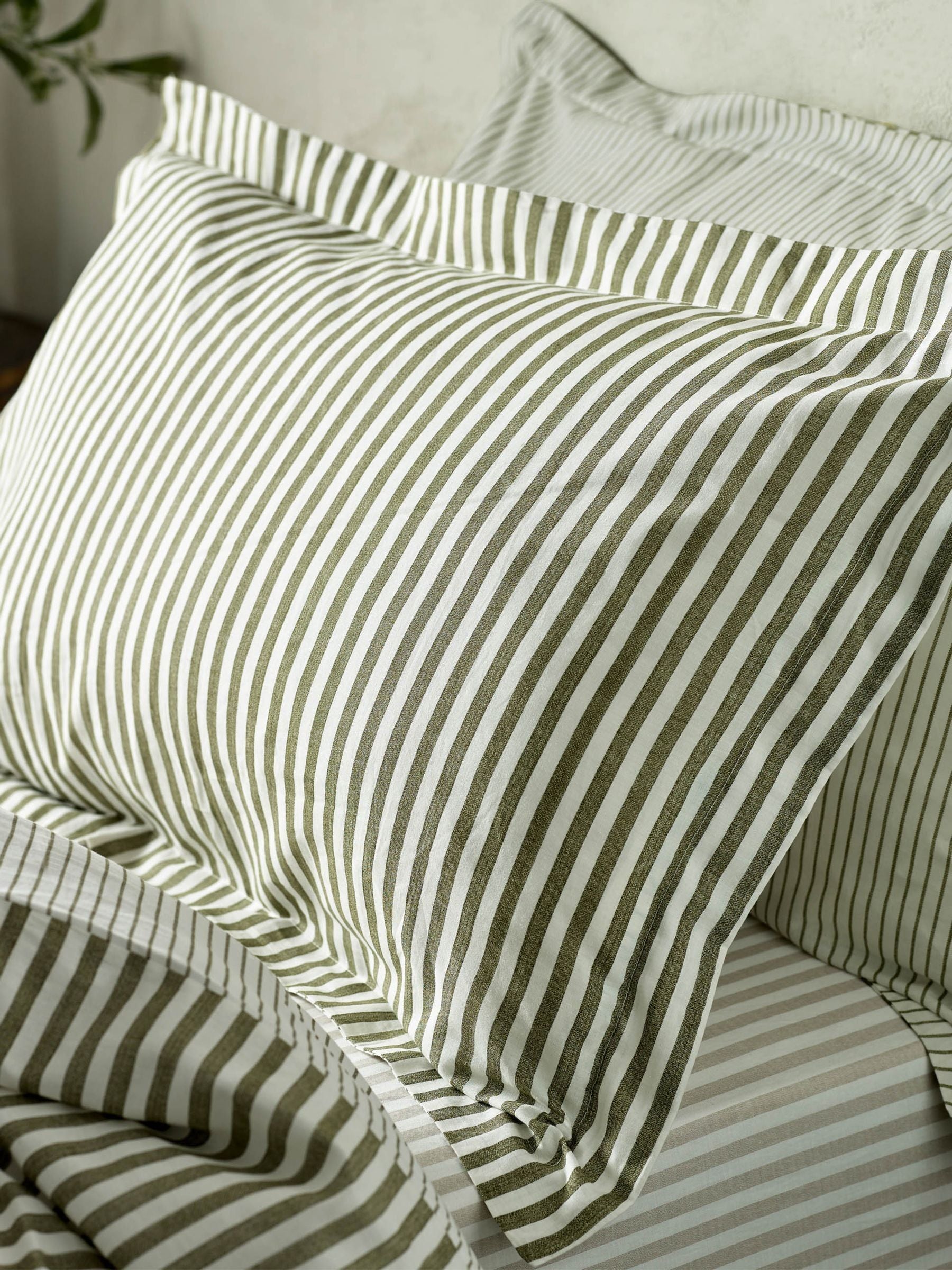 Yard olive green stripe cotton pillowcases set of 2 - British brand