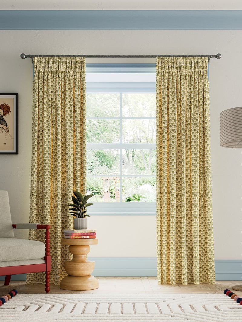 Land & Shore Ochre Multi Dawn lined pencil pleat curtains 229x183cm, imported from the UK