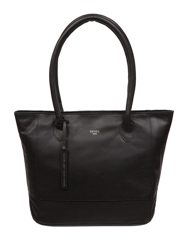 Cultured London black leather Sabine tote bag, imported from the UK