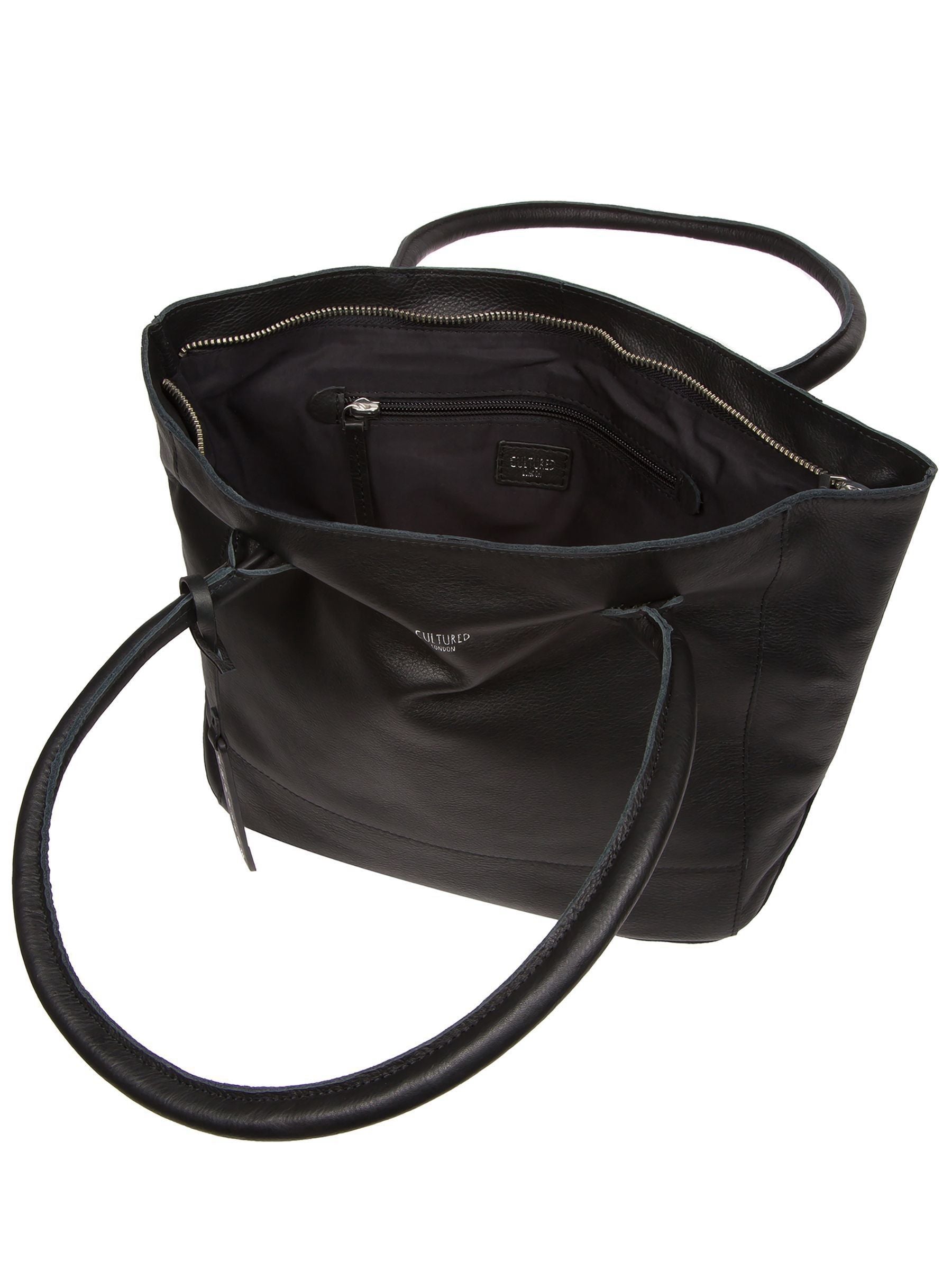 Cultured London black leather Sabine tote bag, imported from the UK