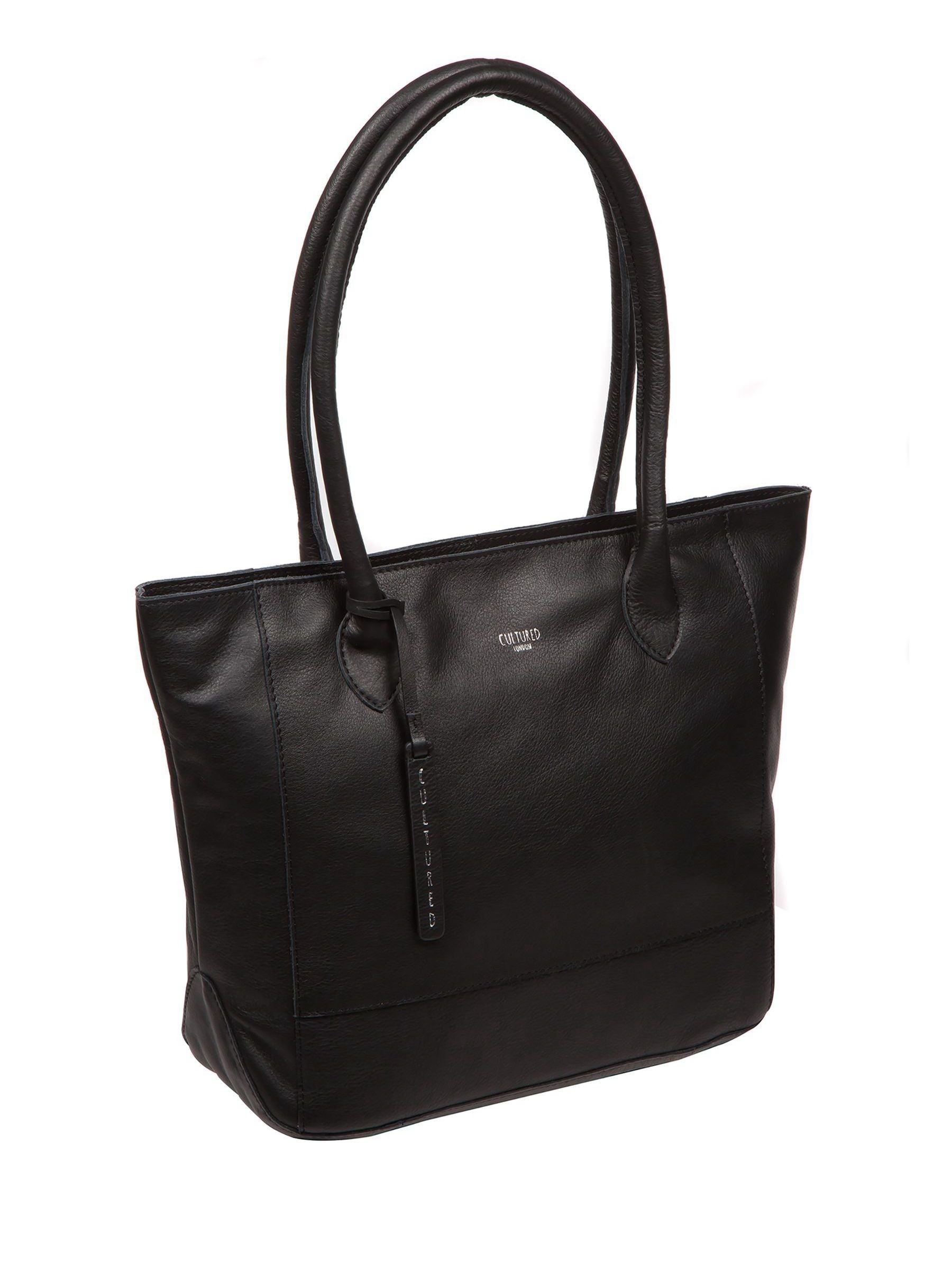 Cultured London black leather Sabine tote bag, imported from the UK