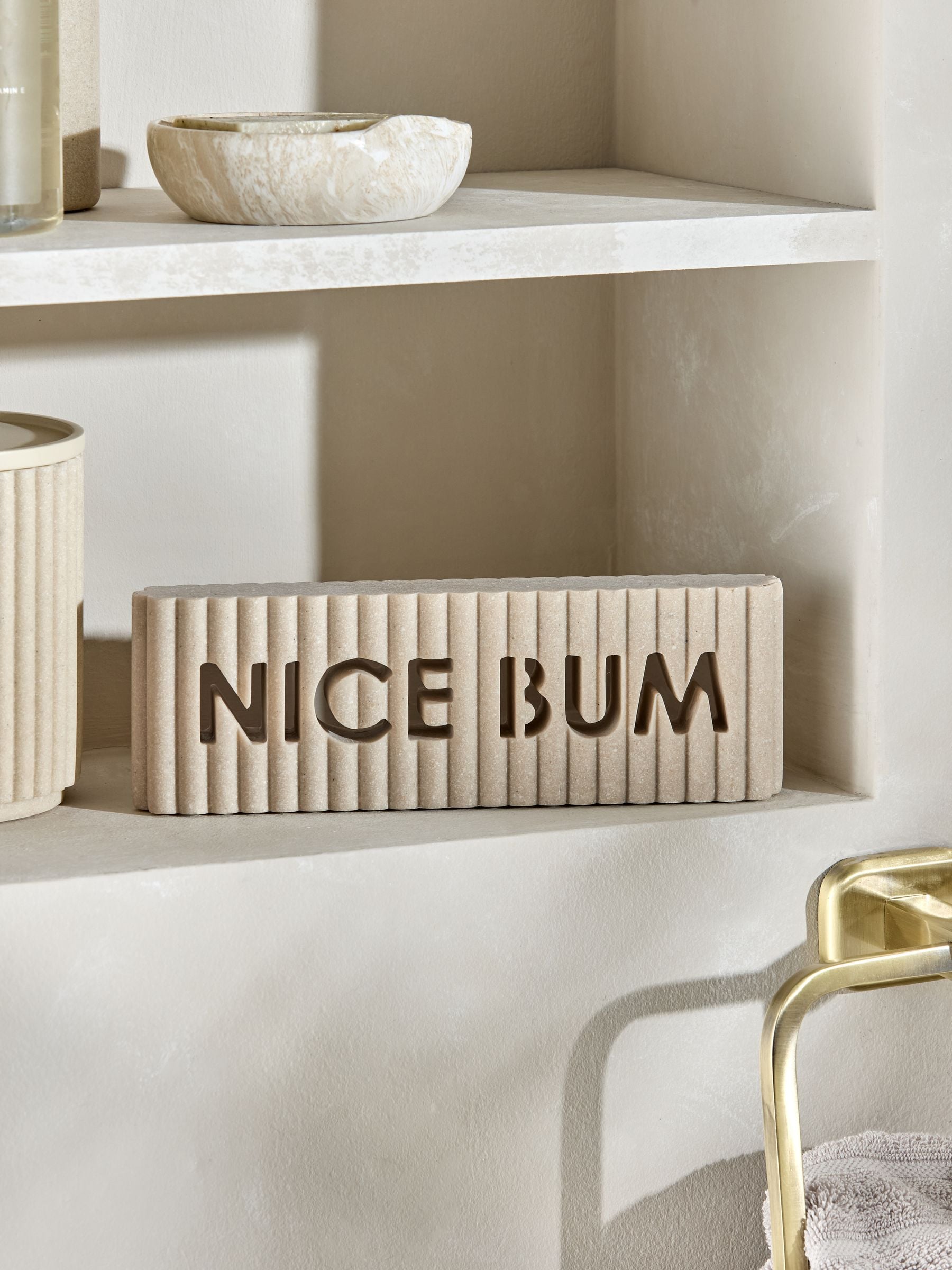 Rib word block ornament with Nice Bum slogan, imported from the UK