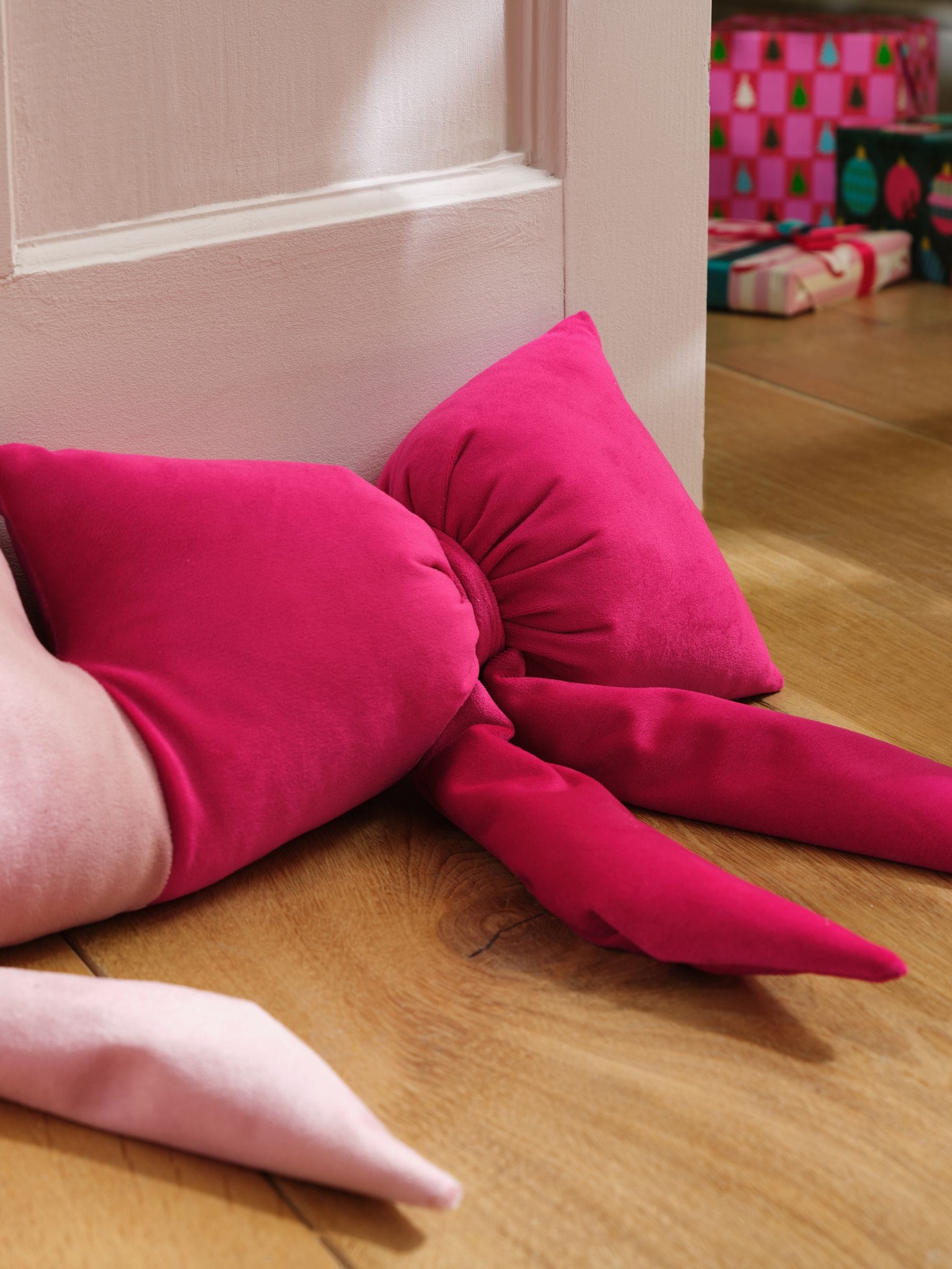 Pink/Green Christmas Velvet Bows Draught Excluder 88cm, imported from the UK