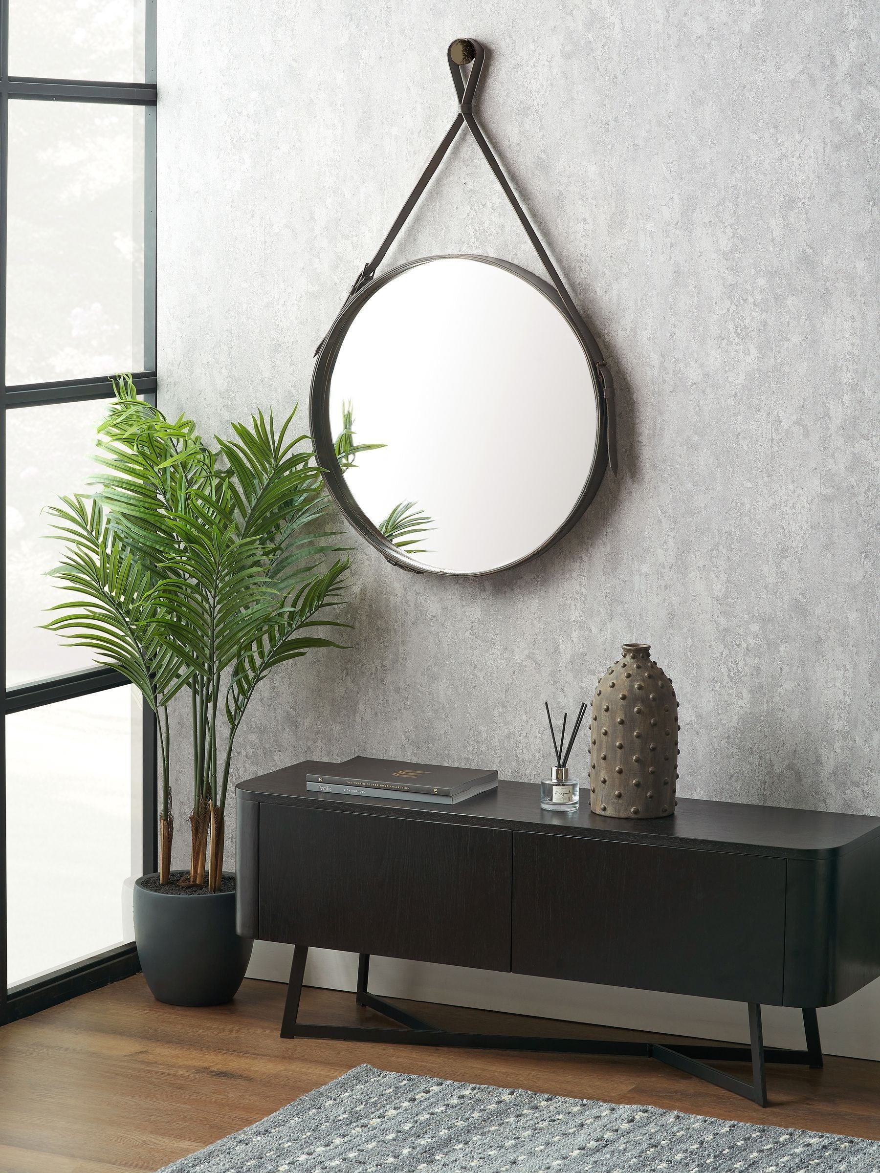 Pacific Lifestyle dark brown leather frame round wall mirror 101cm x 60cm, imported from the UK