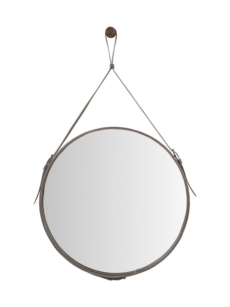 Pacific Lifestyle dark brown leather frame round wall mirror 101cm x 60cm, imported from the UK