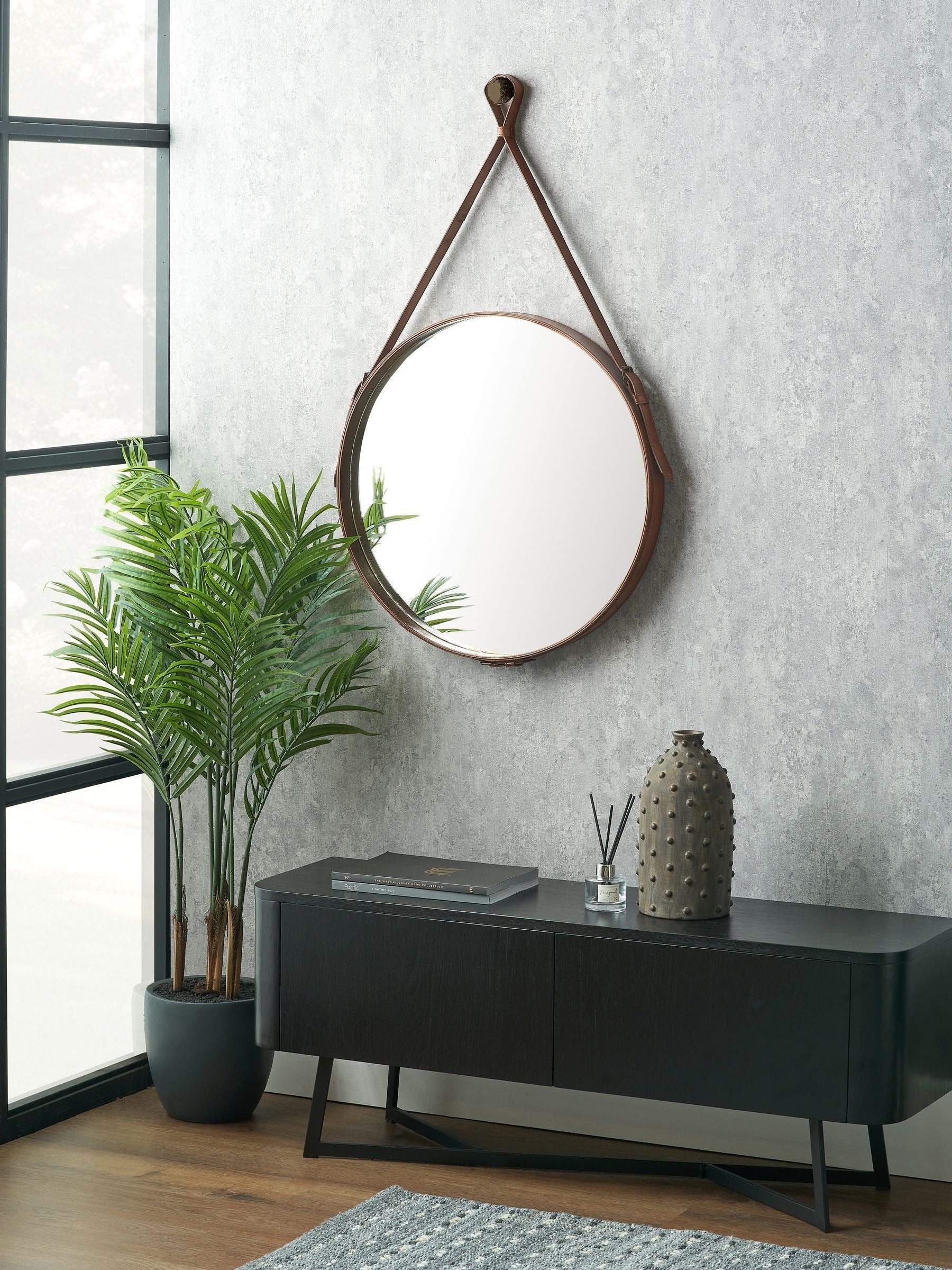 Pacific Lifestyle Dark Brown Leather Frame Round Wall Mirror 101cm x 60cm