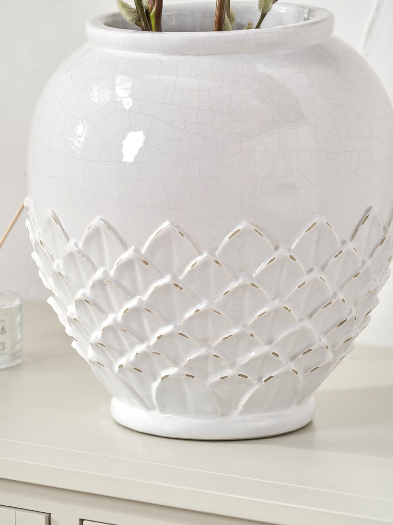 Pacific Lifestyle white leaf detail stoneware vase, imported from the UK