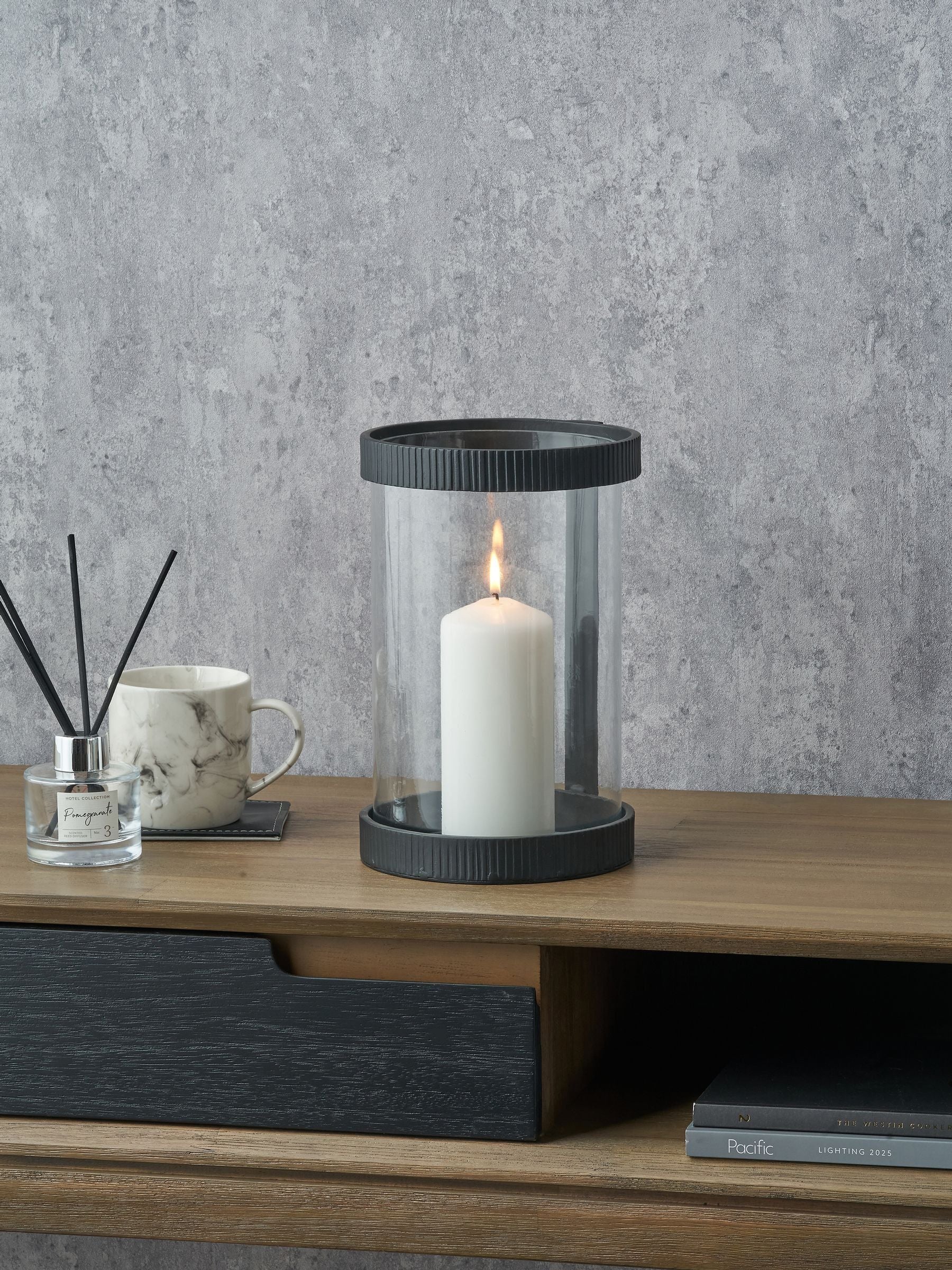 Pacific Lifestyle black ribbed metal and clear glass hurricane, imported from the UK