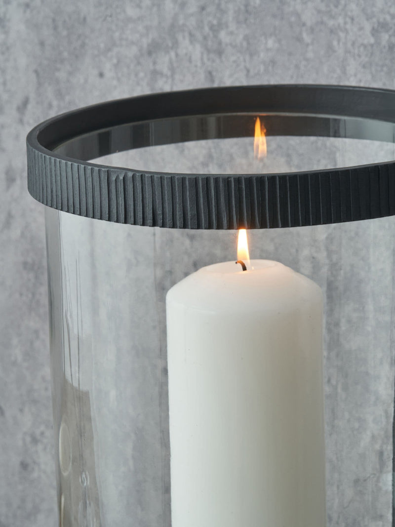 Pacific Lifestyle black ribbed metal and clear glass hurricane, imported from the UK