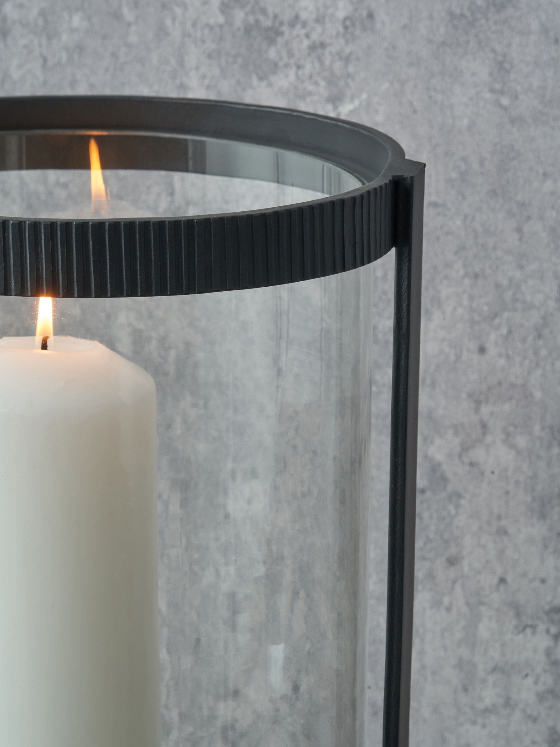 Pacific Lifestyle black ribbed metal and clear glass hurricane, imported from the UK