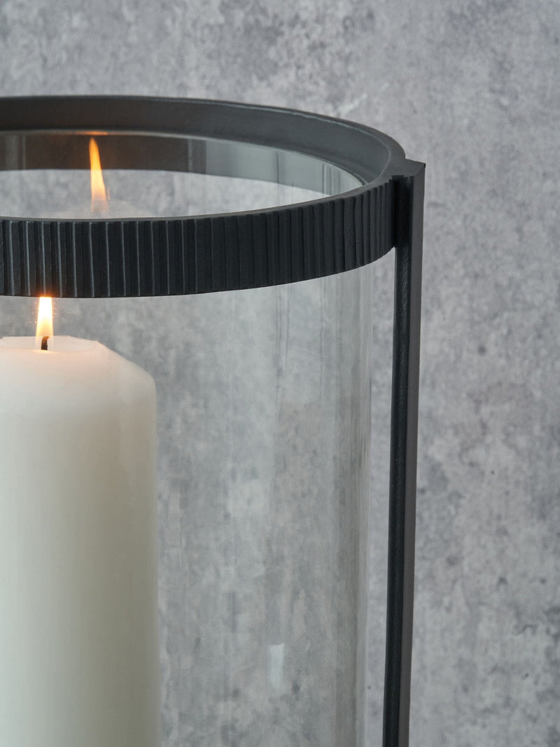 Pacific Lifestyle black ribbed metal and clear glass hurricane, imported from the UK
