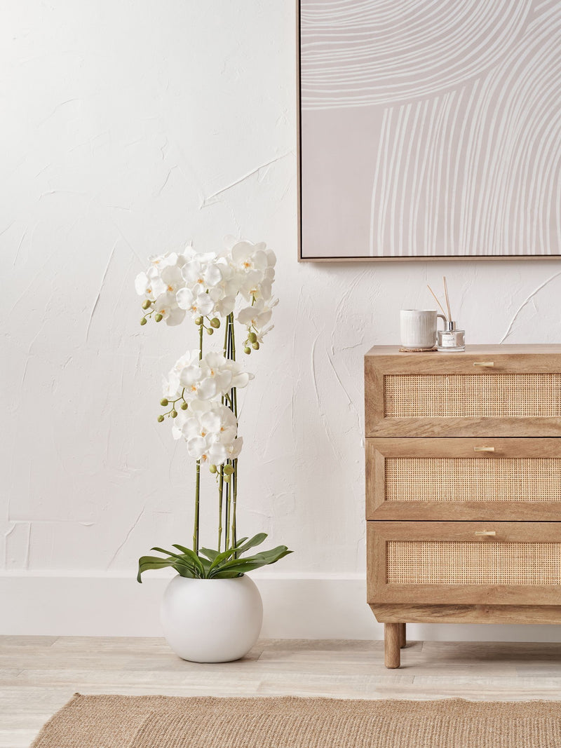 Faux Tall White Orchid in Large Ceramic Pot