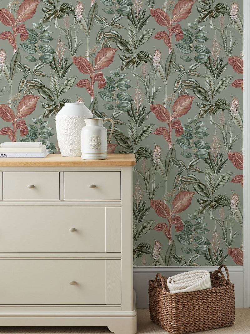 Sage Rainforest Leaves wallpaper sample A4, UK version