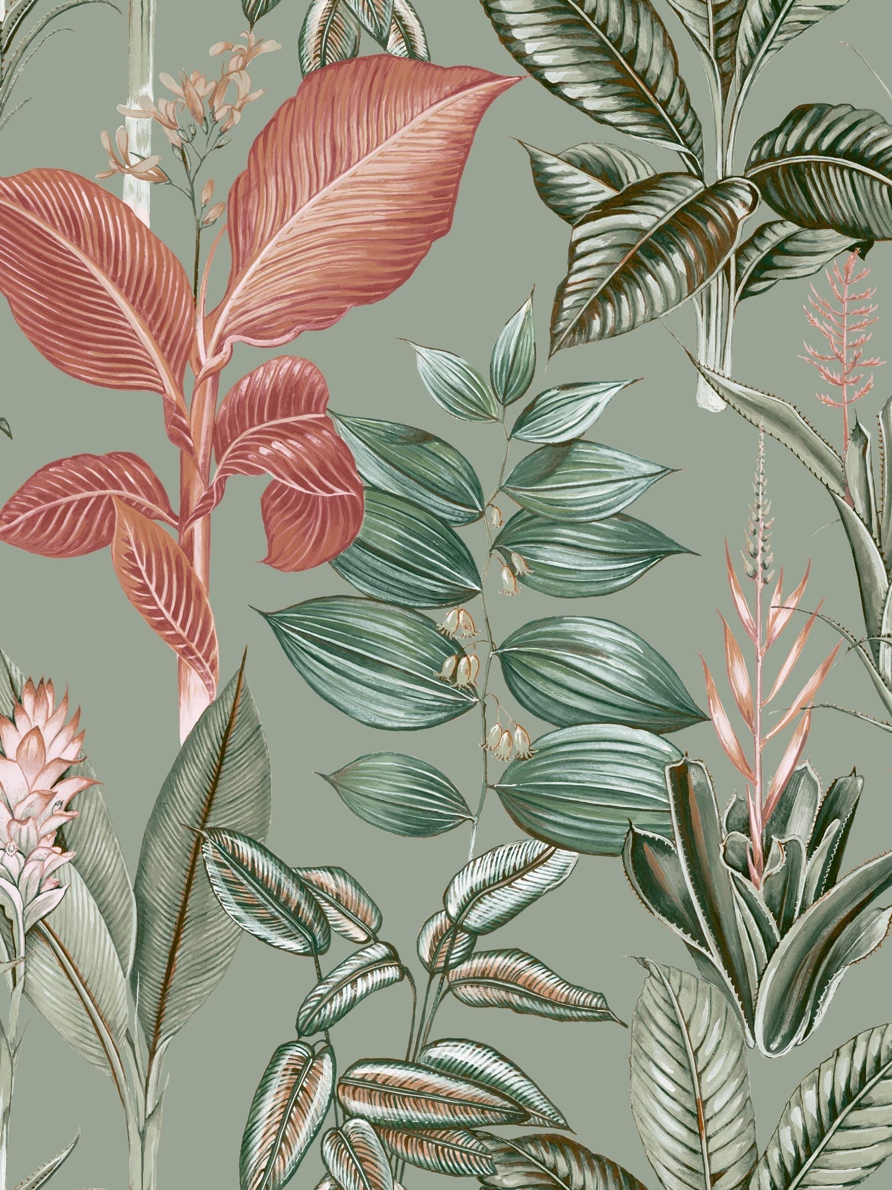 Sage Rainforest Leaves wallpaper sample A4, UK version