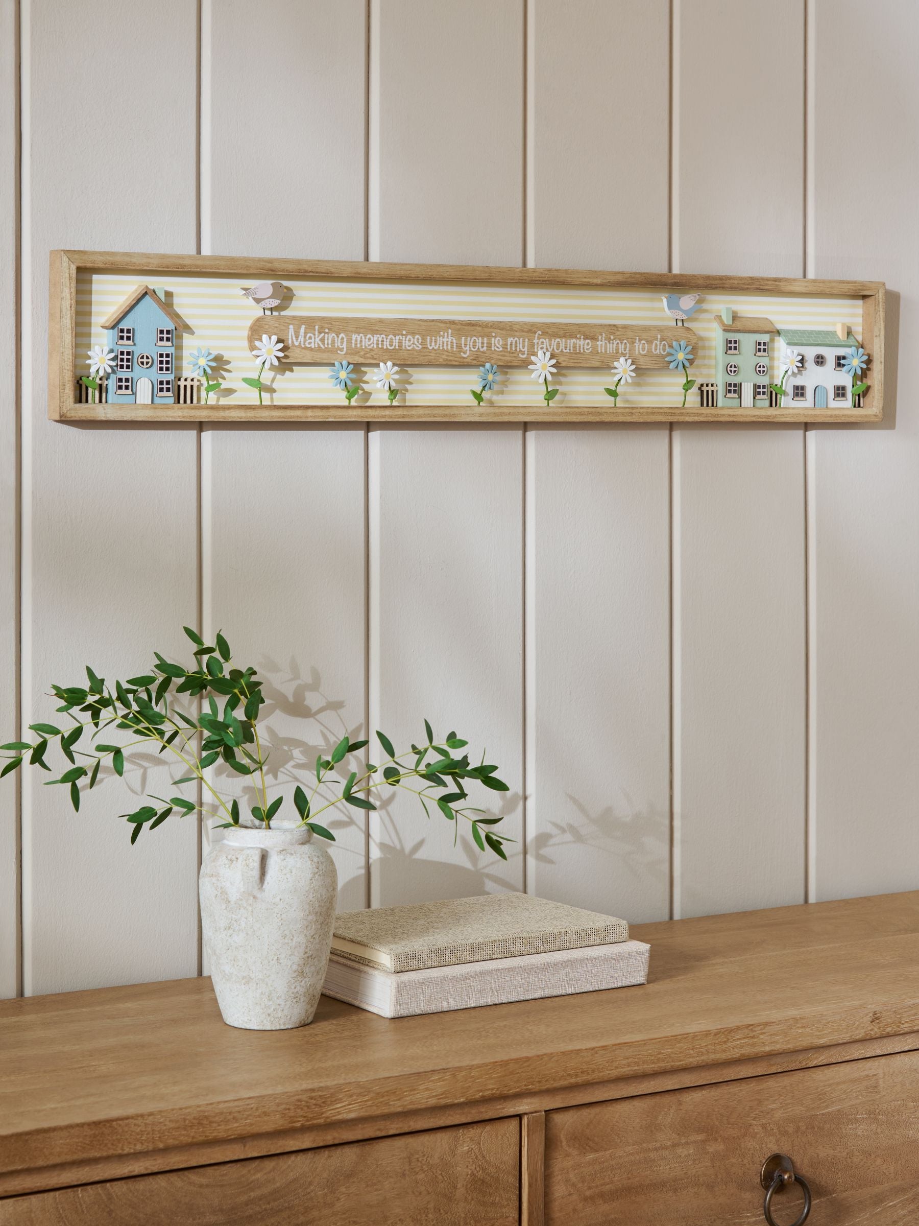 Neutral Making Memories floral print house wooden wall art 80cm wide, imported from the UK