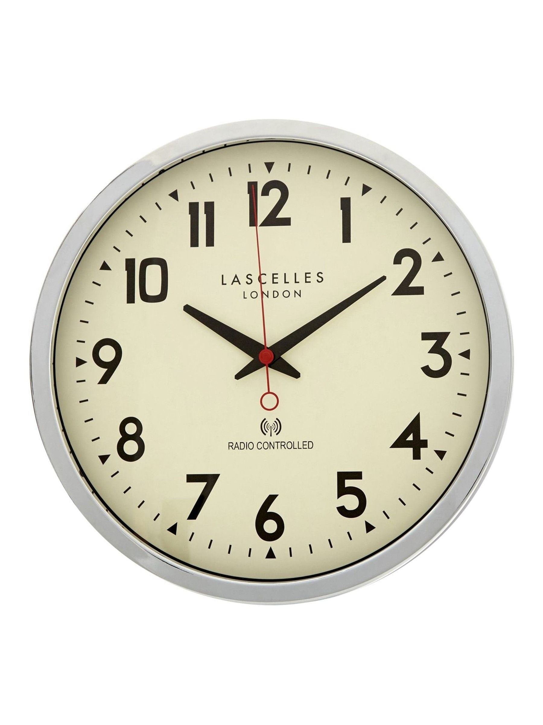 Brookpace Lascelles chrome radio controlled clock 36cm, imported from the UK