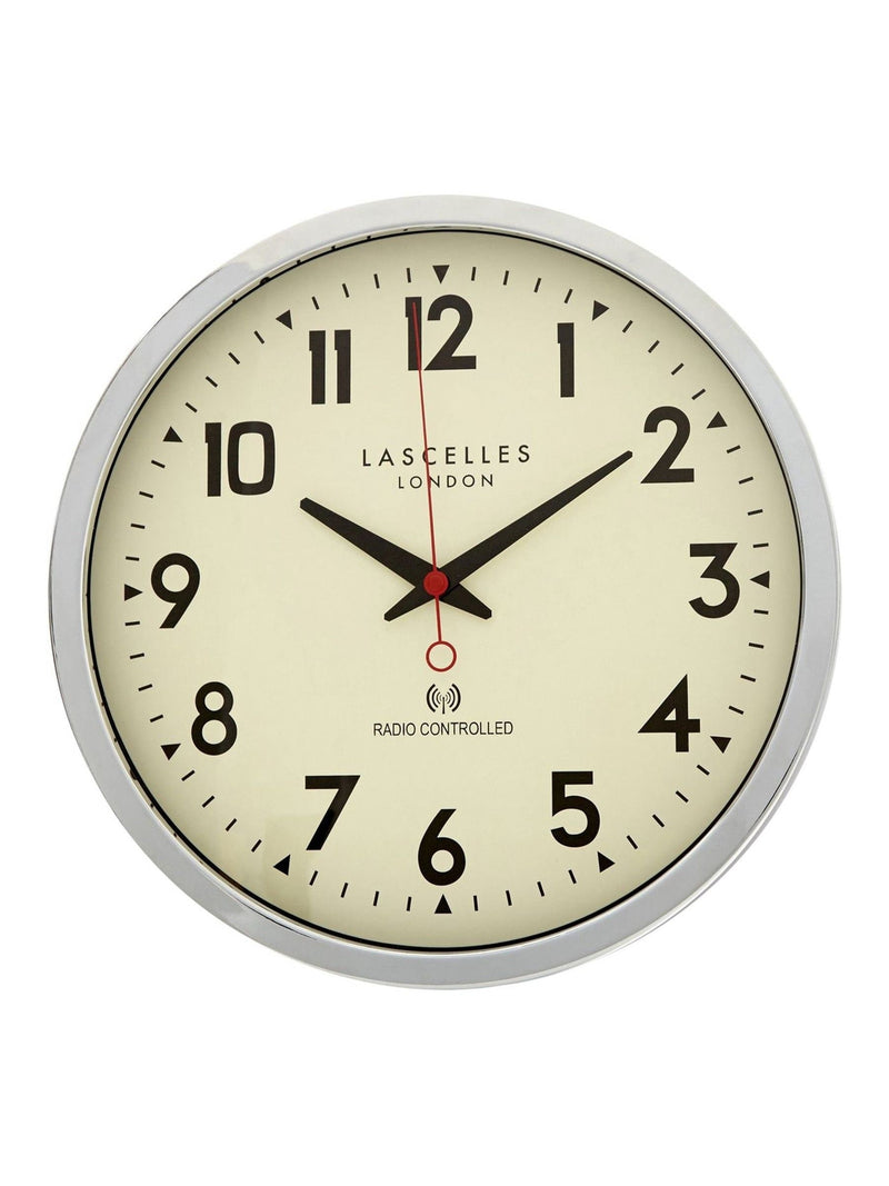 Brookpace Lascelles chrome radio controlled clock 36cm, imported from the UK