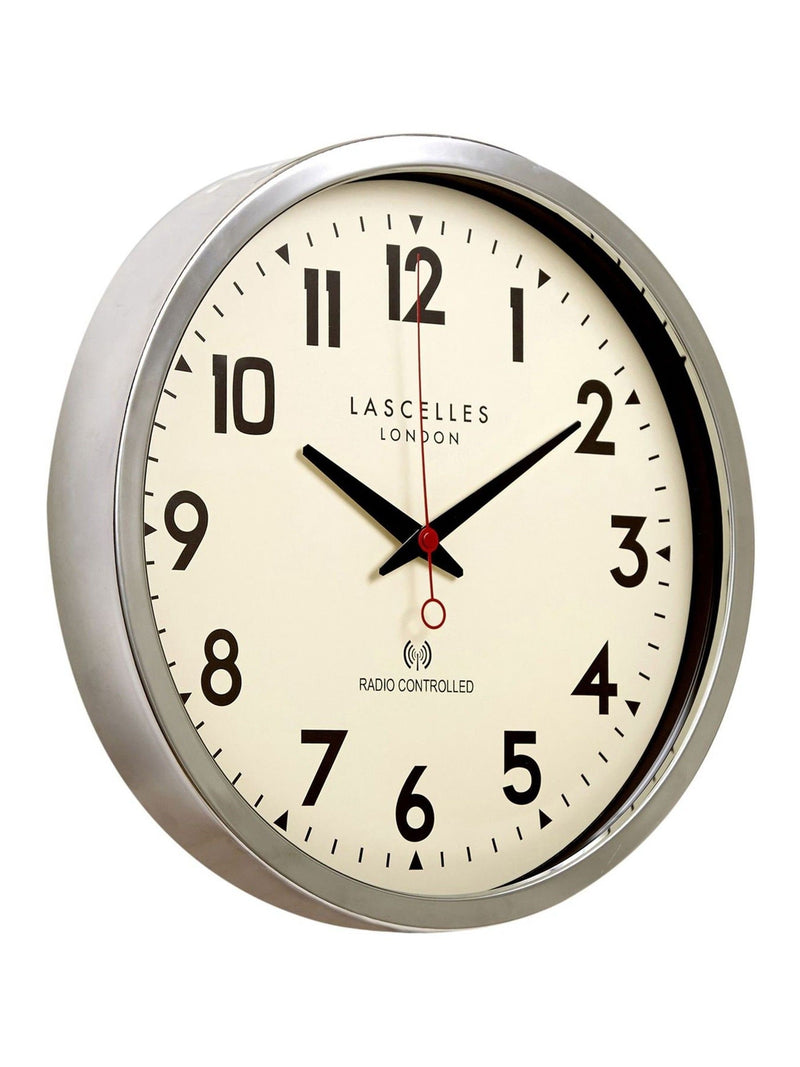 Brookpace Lascelles chrome radio controlled clock 36cm, imported from the UK