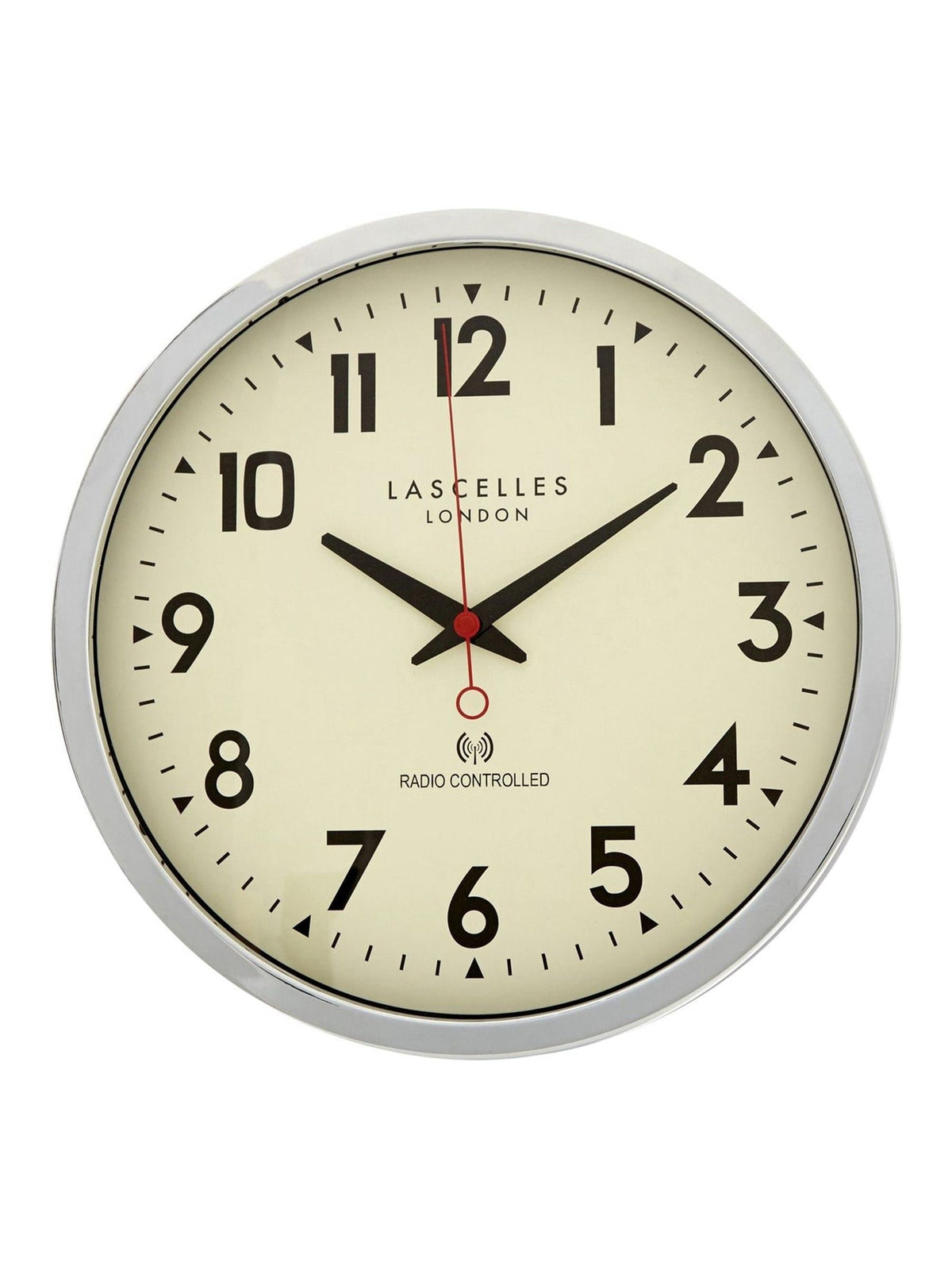 Brookpace Lascelles chrome radio controlled clock 36cm, imported from the UK
